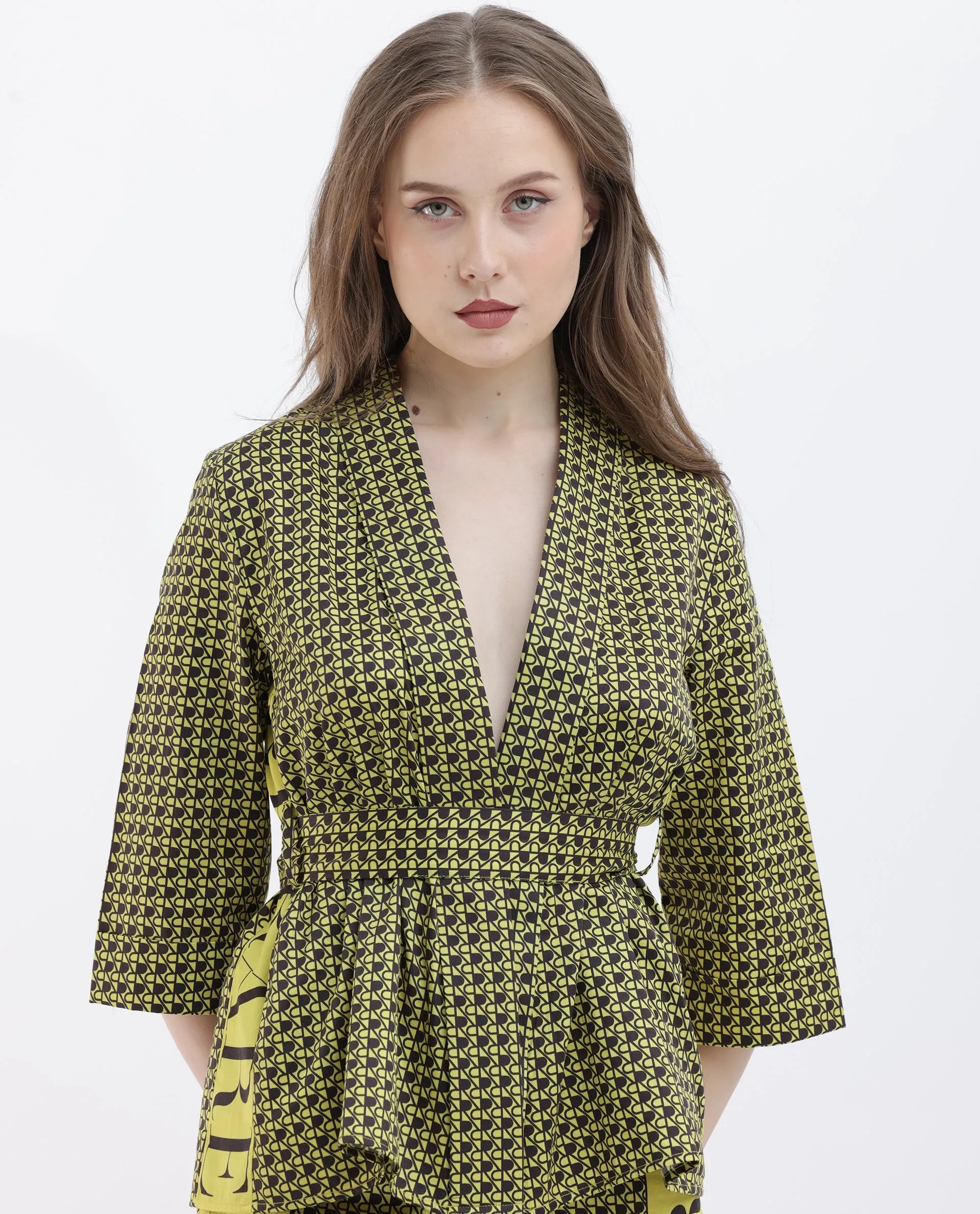 Rareism Women Geomo-T Yellow Cotton Fabric Full Sleeves Regular Fit Geometric Print Shrug