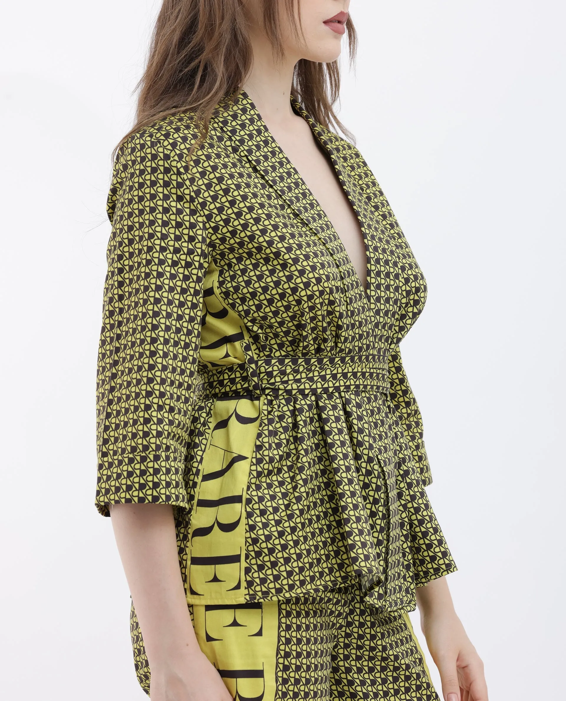 Rareism Women Geomo-T Yellow Cotton Fabric Full Sleeves Regular Fit Geometric Print Shrug
