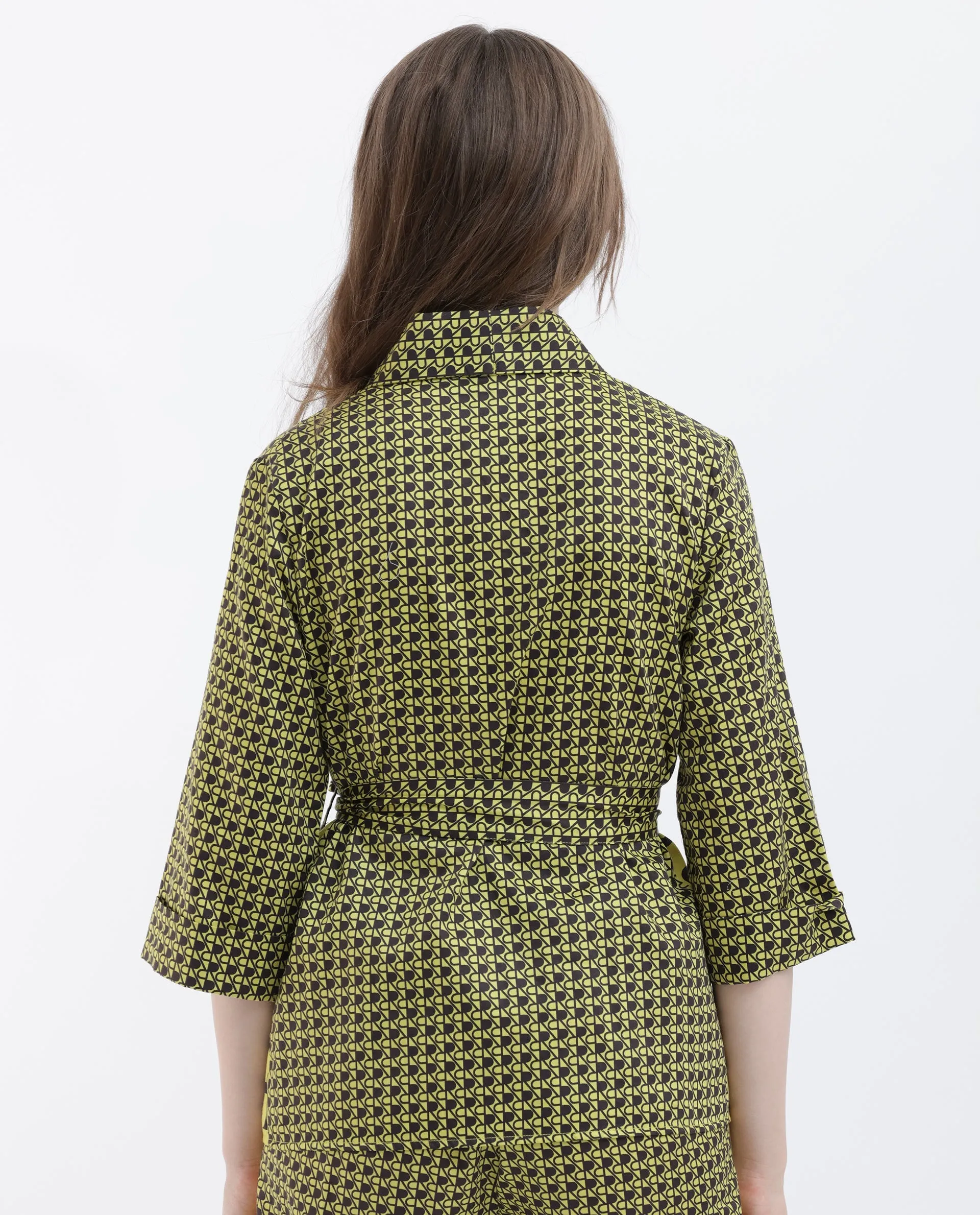 Rareism Women Geomo-T Yellow Cotton Fabric Full Sleeves Regular Fit Geometric Print Shrug