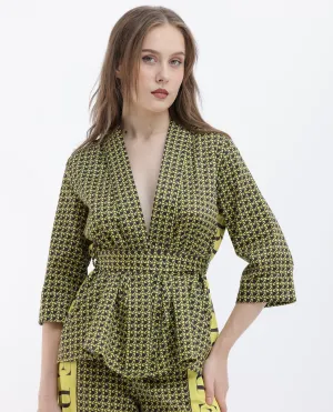 Rareism Women Geomo-T Yellow Cotton Fabric Full Sleeves Regular Fit Geometric Print Shrug