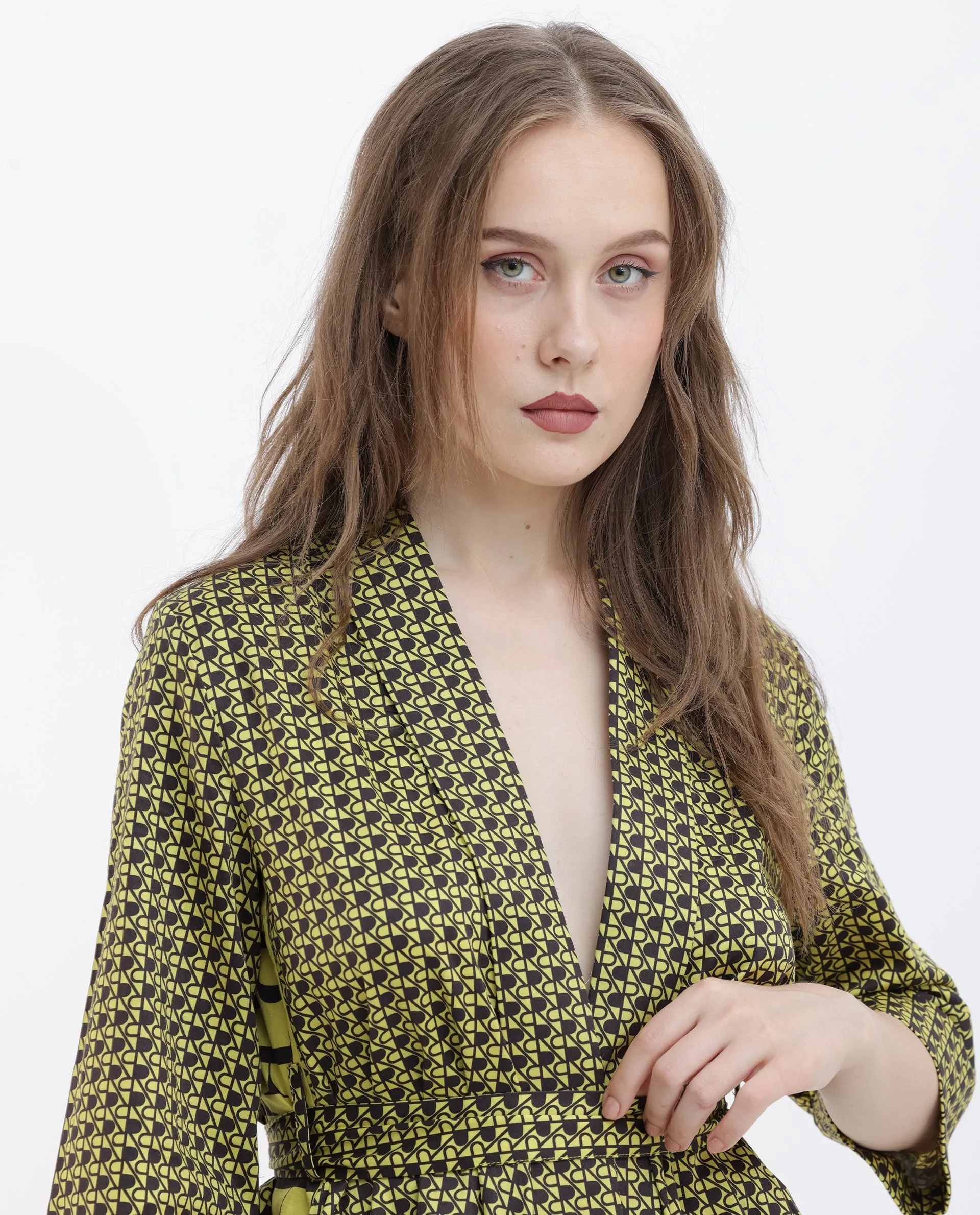 Rareism Women Geomo-T Yellow Cotton Fabric Full Sleeves Regular Fit Geometric Print Shrug