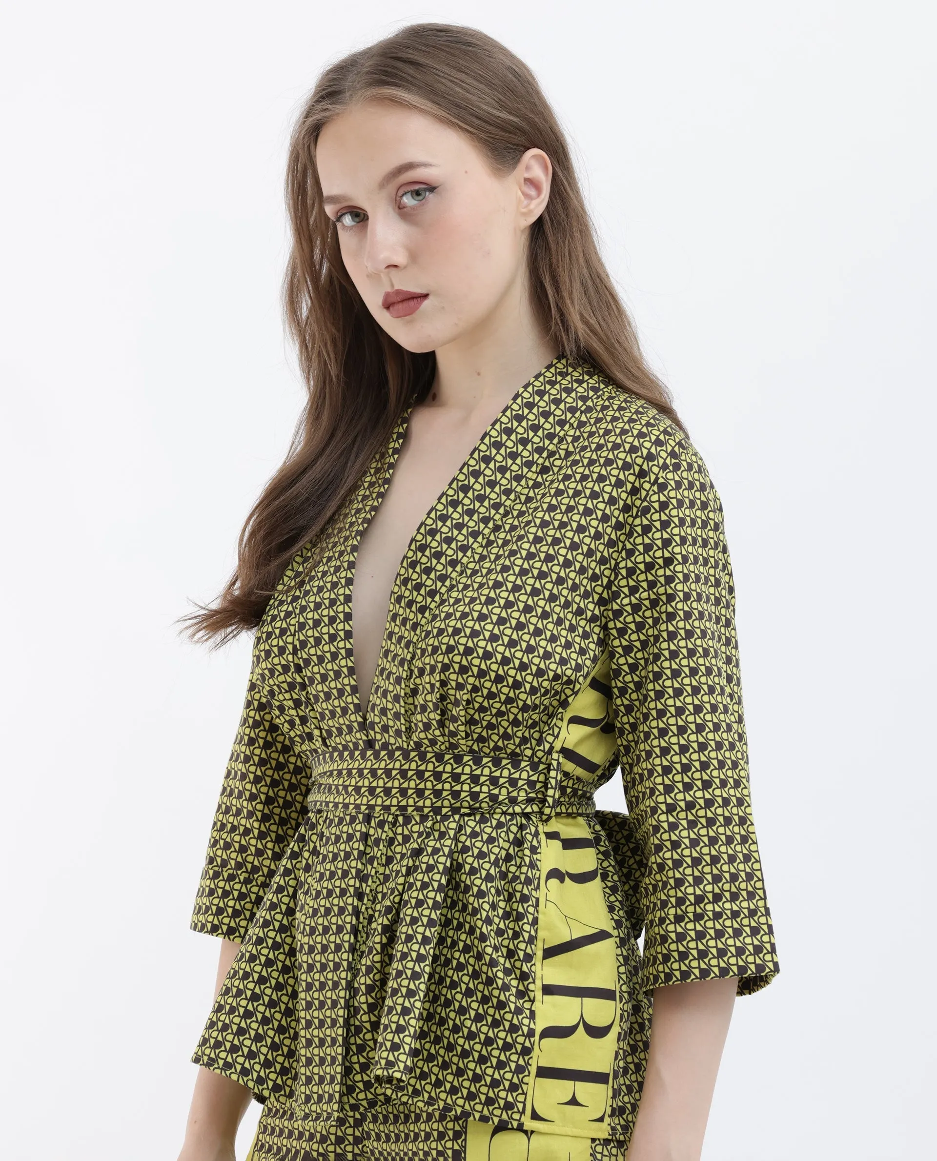 Rareism Women Geomo-T Yellow Cotton Fabric Full Sleeves Regular Fit Geometric Print Shrug