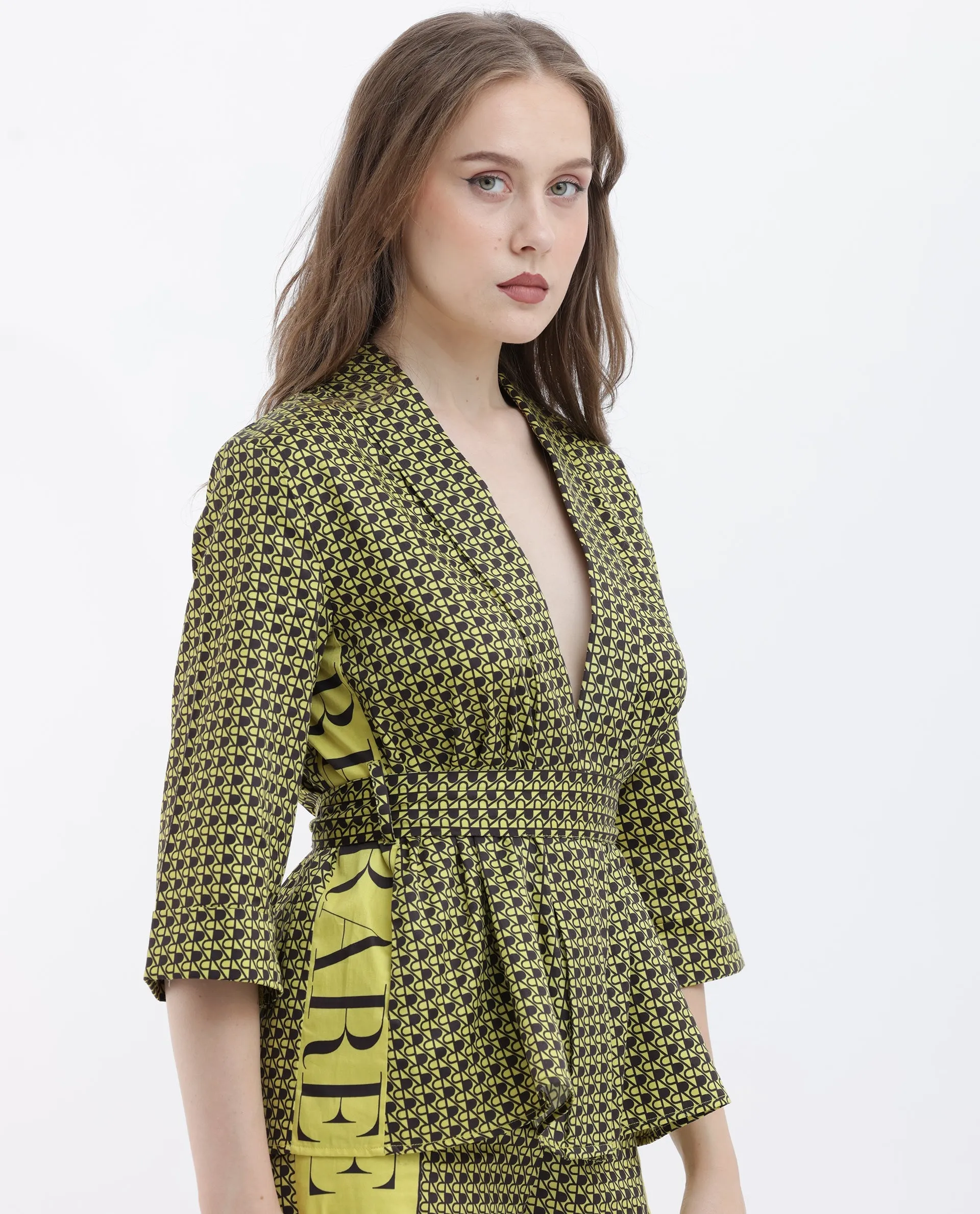 Rareism Women Geomo-T Yellow Cotton Fabric Full Sleeves Regular Fit Geometric Print Shrug