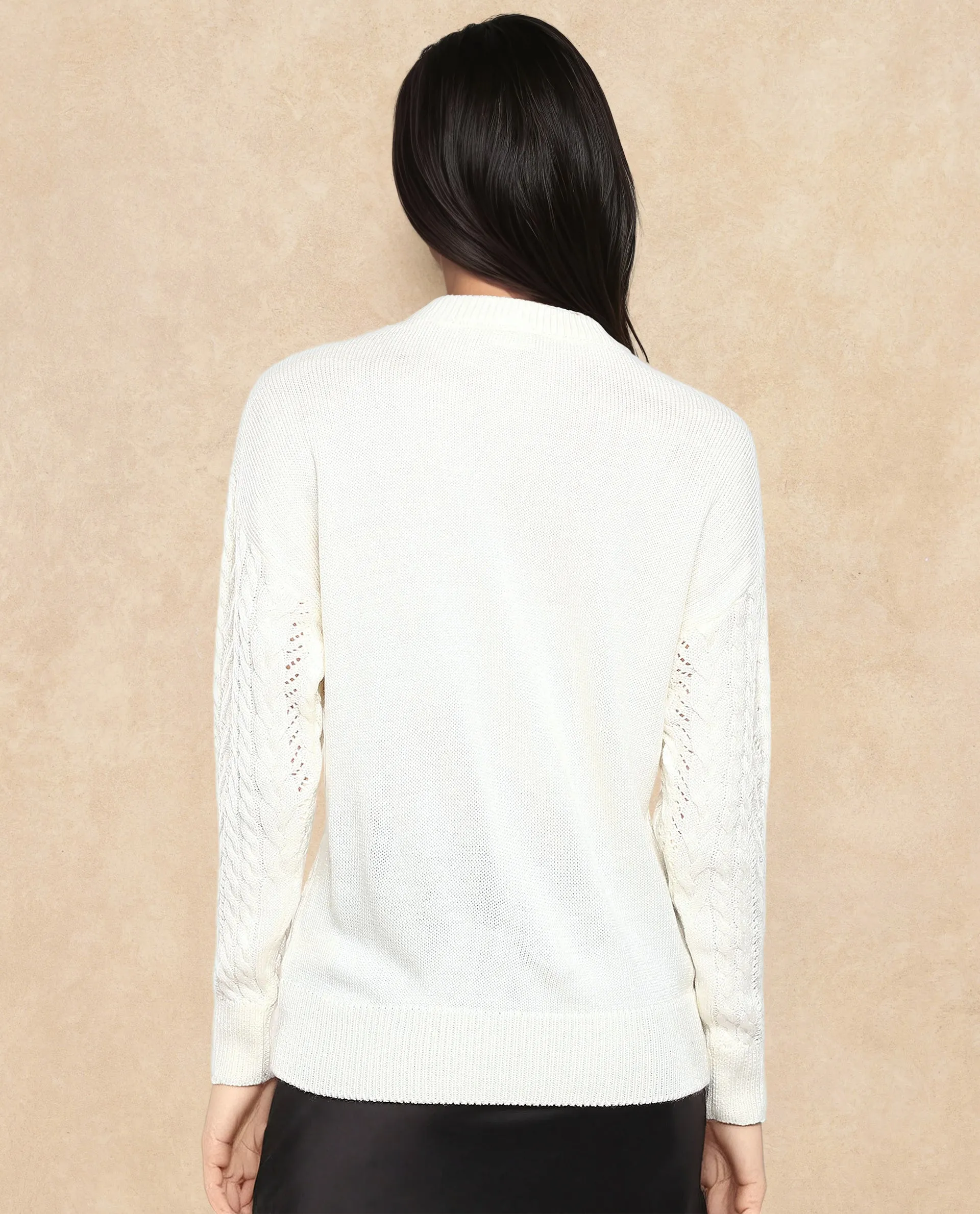 Rareism Women Kaya Off-White Acrylic Fabric Full Sleeve Crew Neck Plain Sweater
