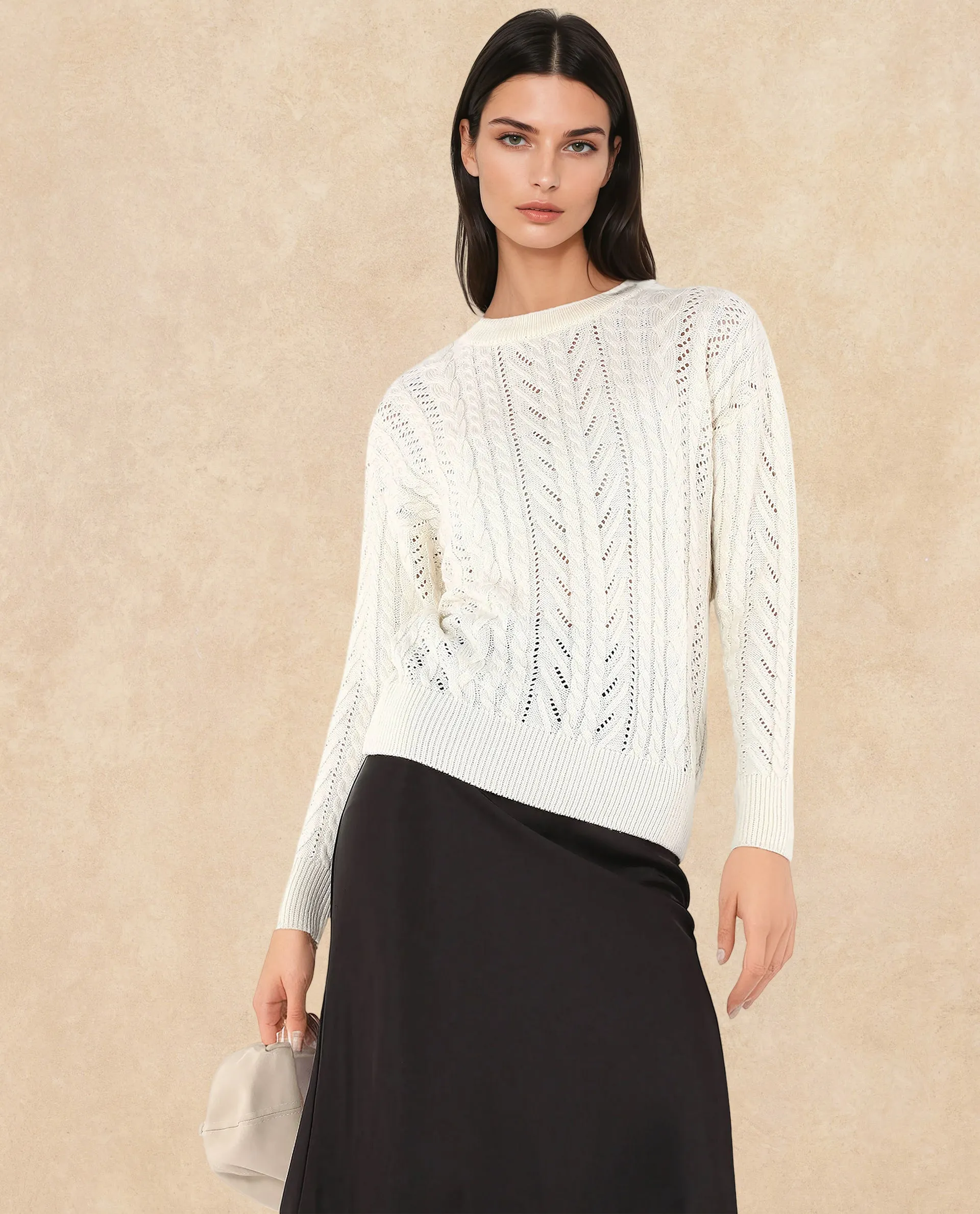 Rareism Women Kaya Off-White Acrylic Fabric Full Sleeve Crew Neck Plain Sweater