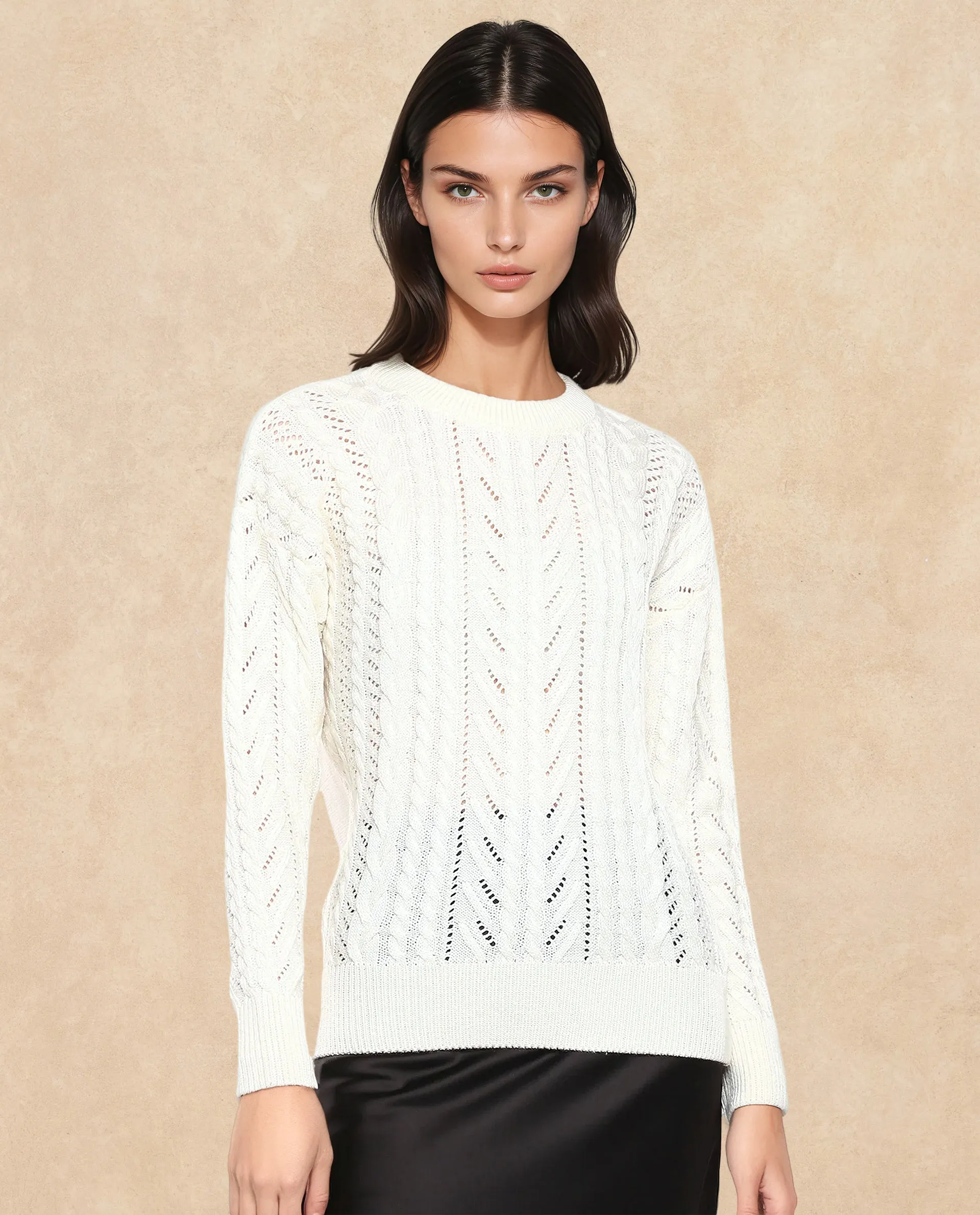 Rareism Women Kaya Off-White Acrylic Fabric Full Sleeve Crew Neck Plain Sweater