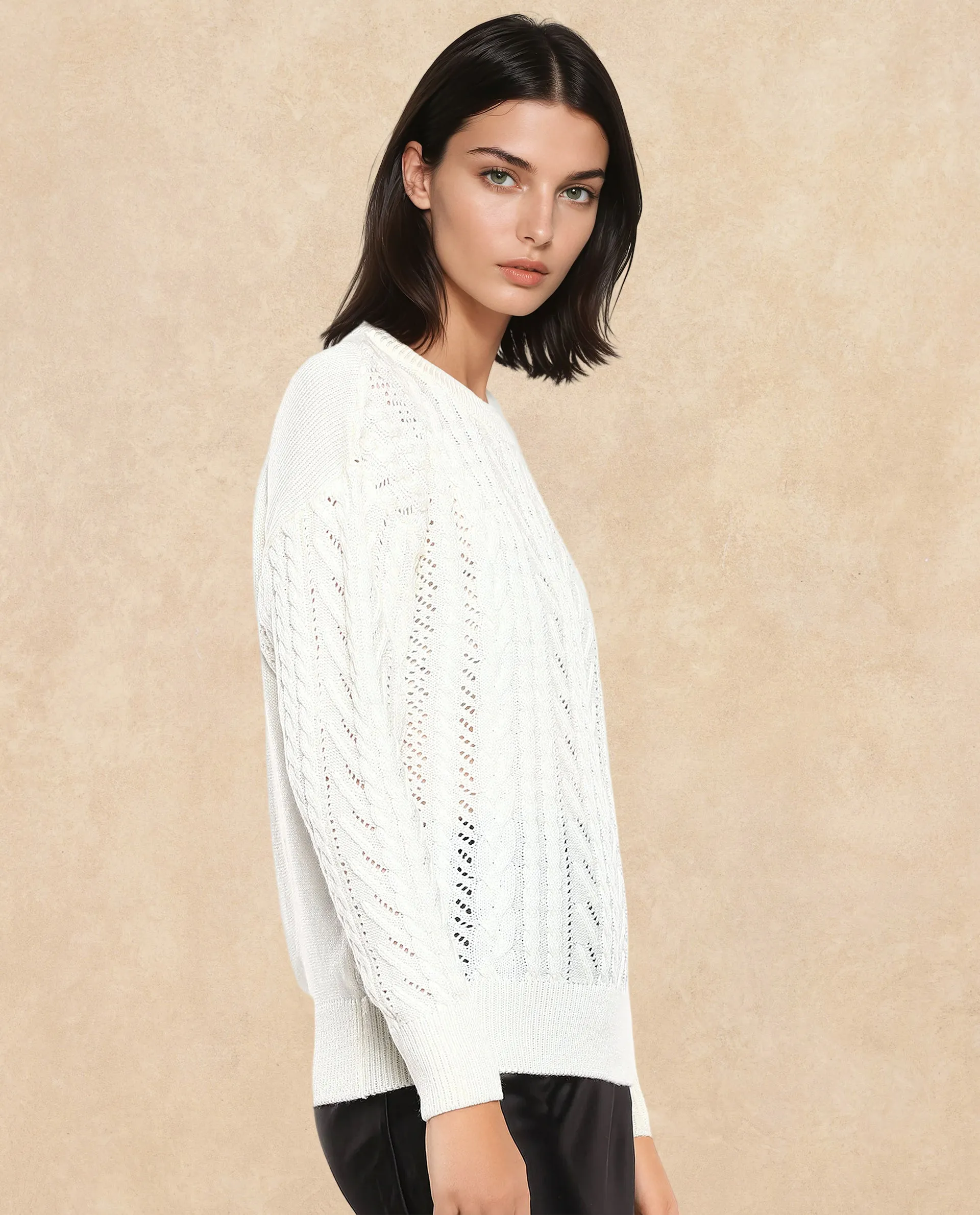 Rareism Women Kaya Off-White Acrylic Fabric Full Sleeve Crew Neck Plain Sweater