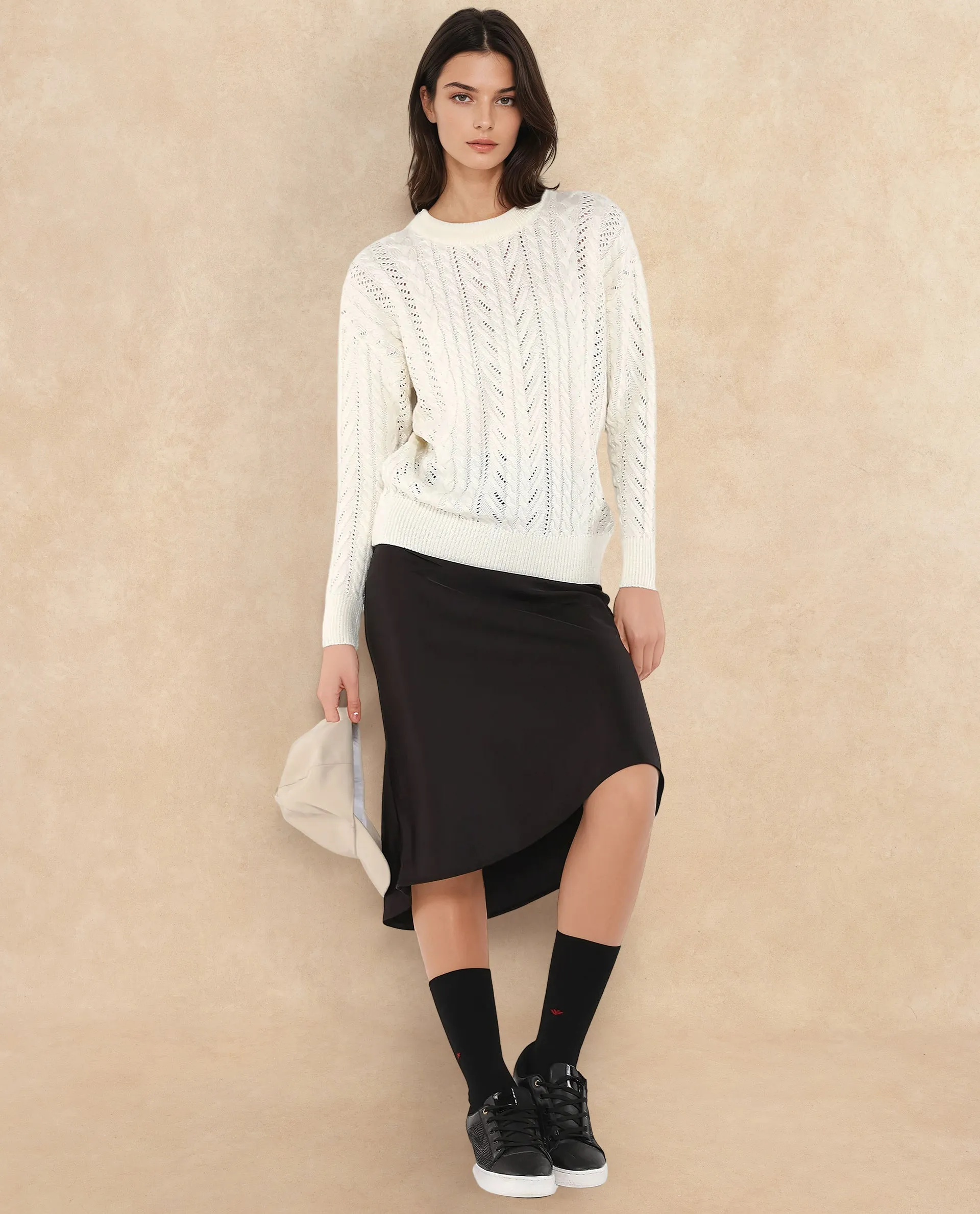 Rareism Women Kaya Off-White Acrylic Fabric Full Sleeve Crew Neck Plain Sweater