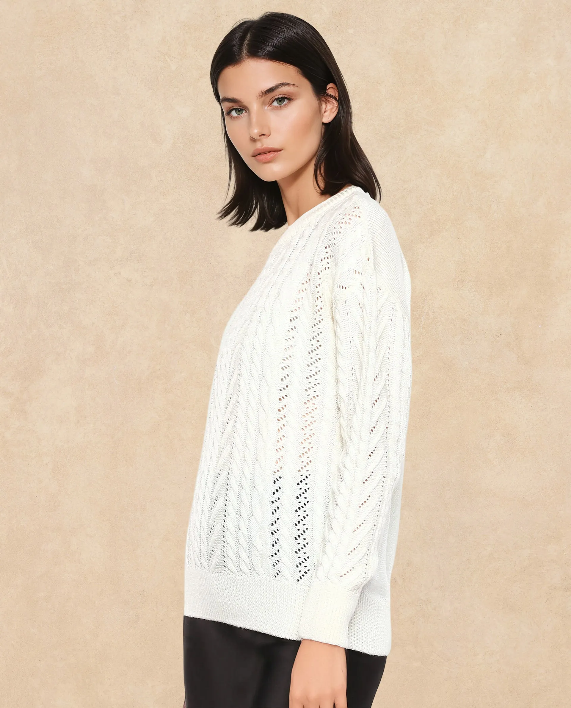 Rareism Women Kaya Off-White Acrylic Fabric Full Sleeve Crew Neck Plain Sweater