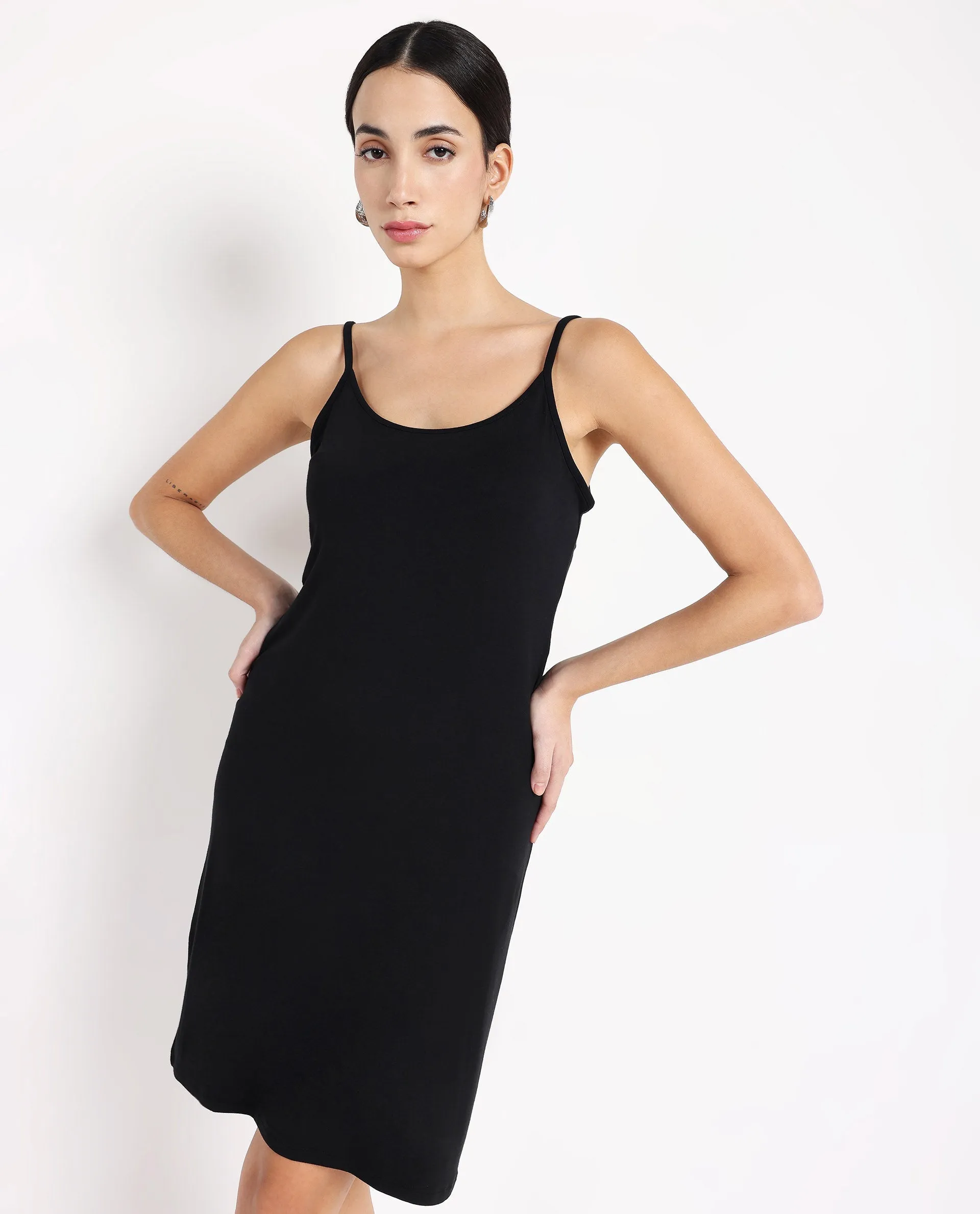 Rareism Women Slippy Black Modal Fabric Solid Inner Wear