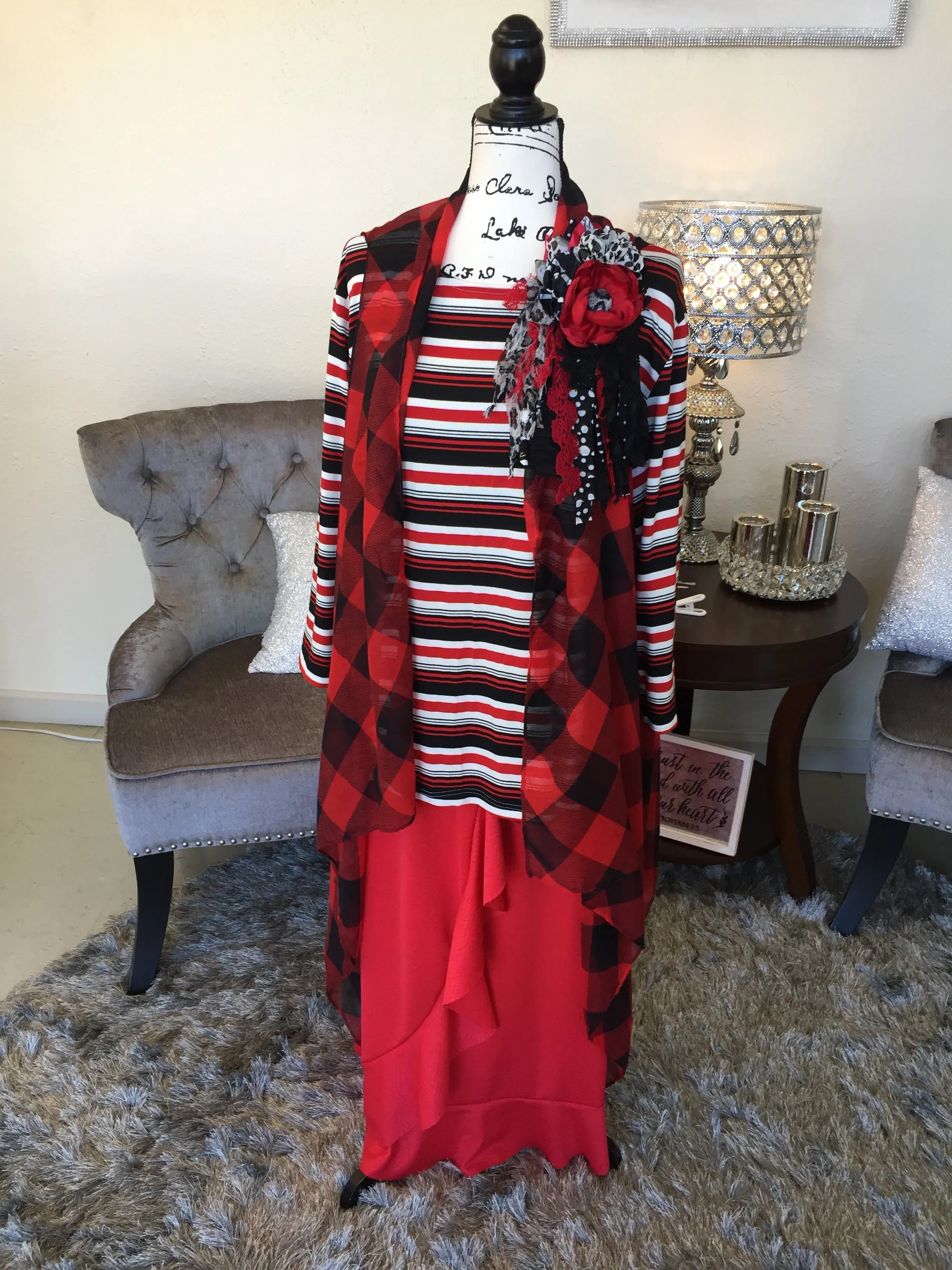 Red Black and White Striped Layering Top
