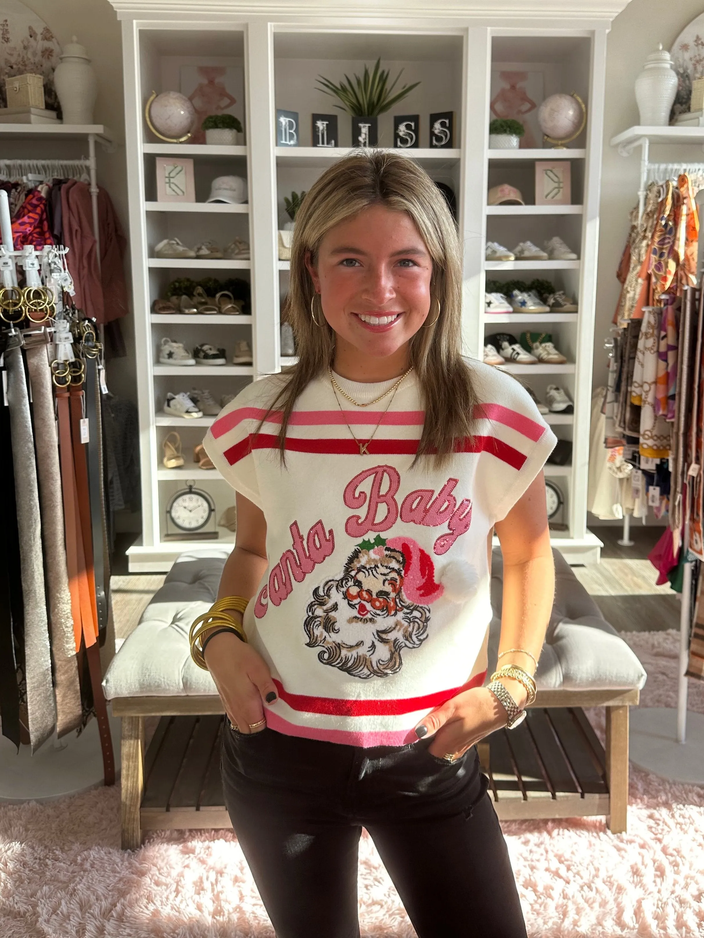 Red, Pink & White Stripe 'Santa Baby' Fuzzy Santa Top
