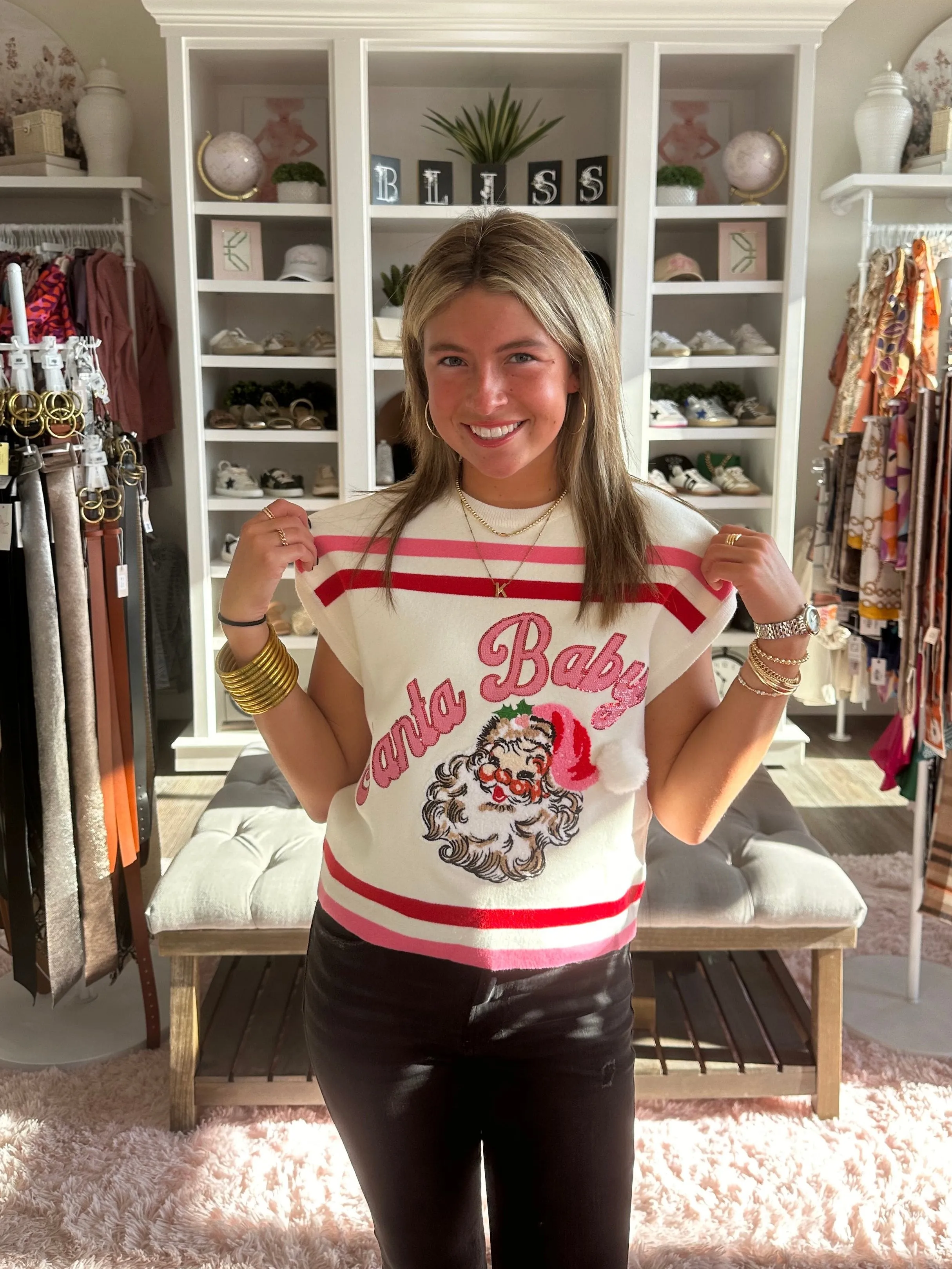 Red, Pink & White Stripe 'Santa Baby' Fuzzy Santa Top