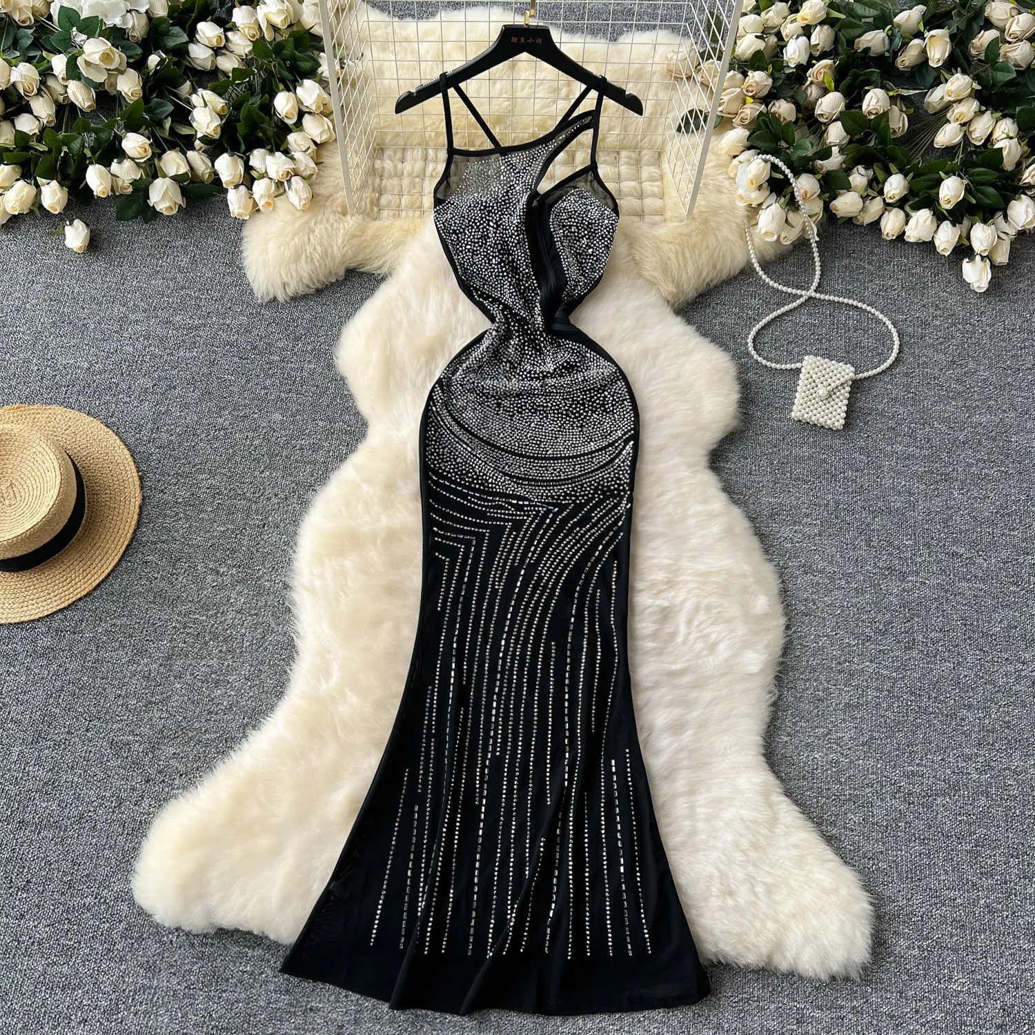 Rhinestone Studded Hollowed Slip Dress