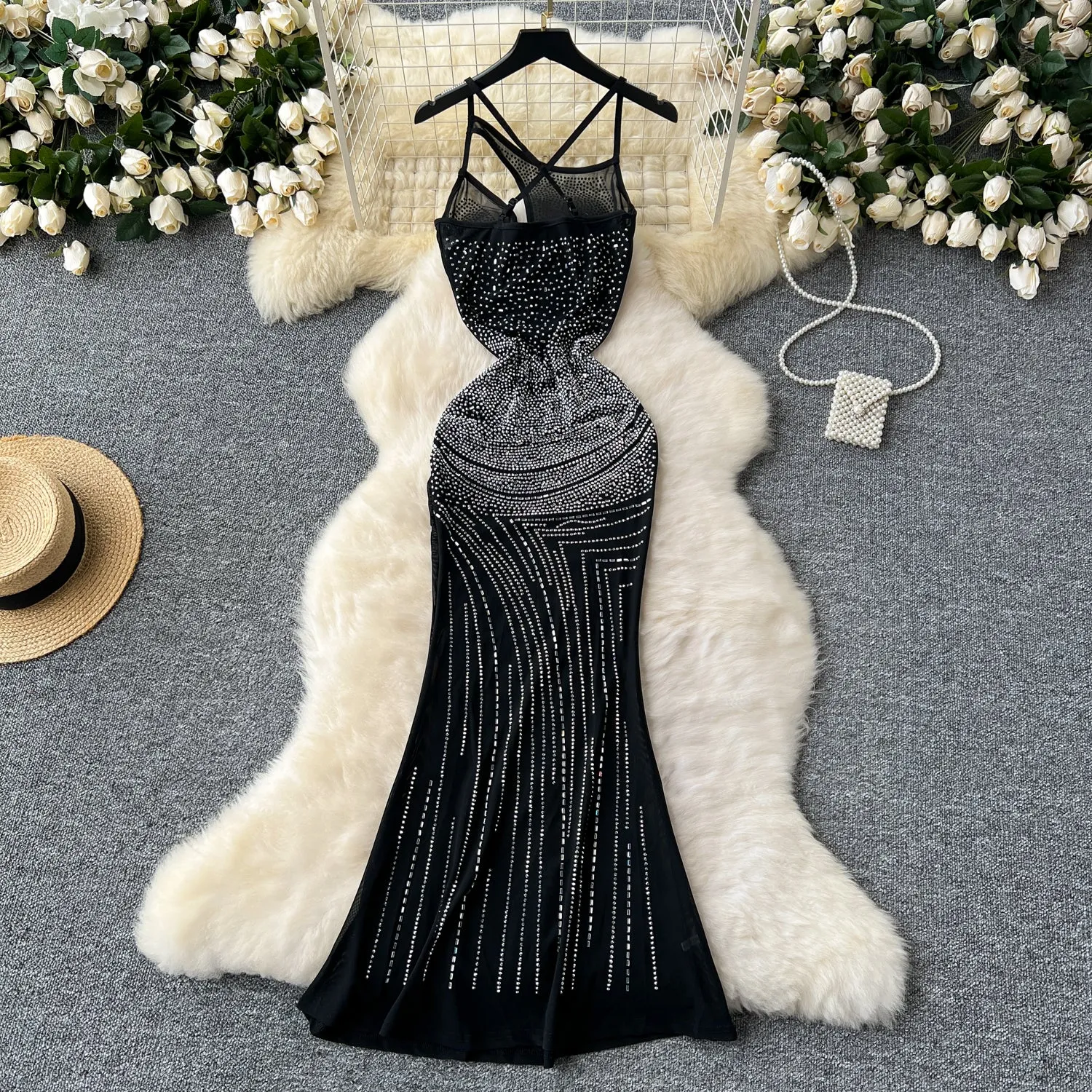 Rhinestone Studded Hollowed Slip Dress