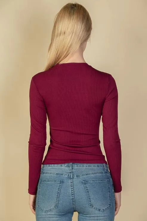 Ribbed Round Neck Long Sleeve Top