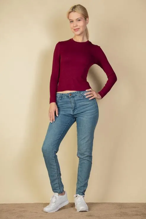 Ribbed Round Neck Long Sleeve Top