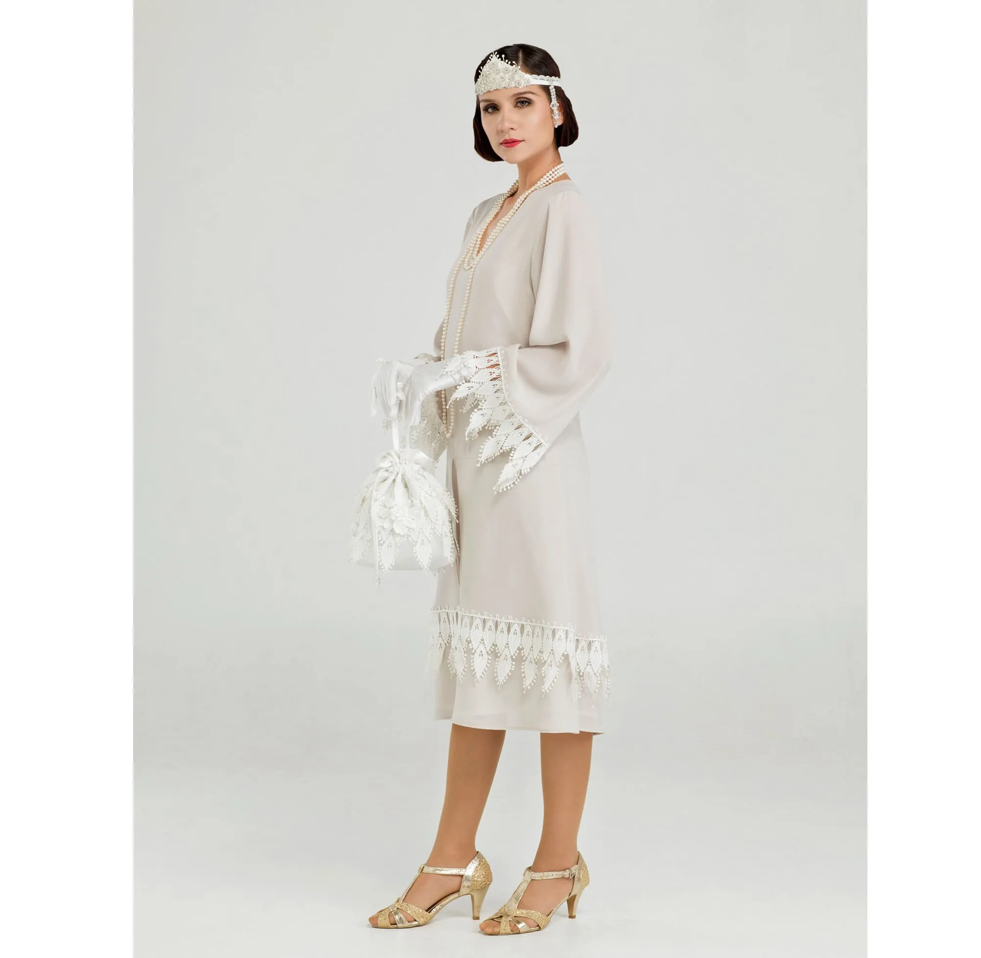 Roaring Twenties chiffon dress with long sleeves in bleached linen color