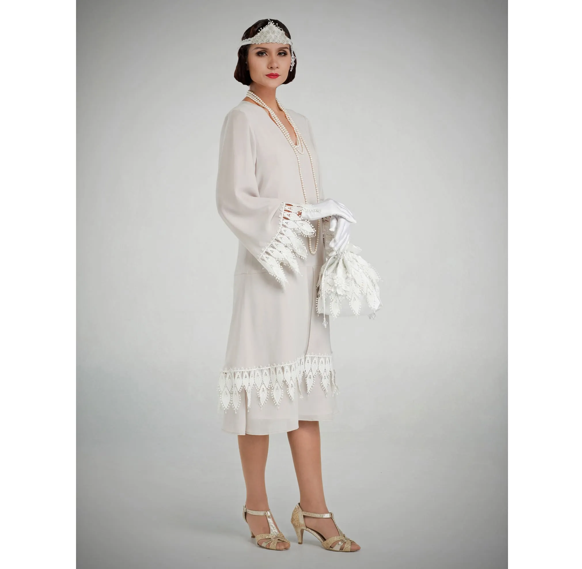 Roaring Twenties chiffon dress with long sleeves in bleached linen color