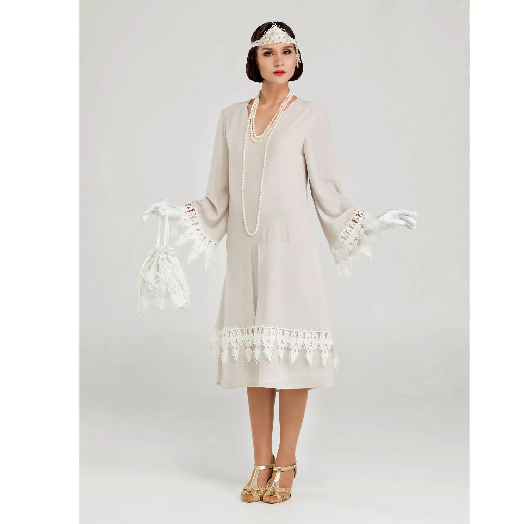 Roaring Twenties chiffon dress with long sleeves in bleached linen color