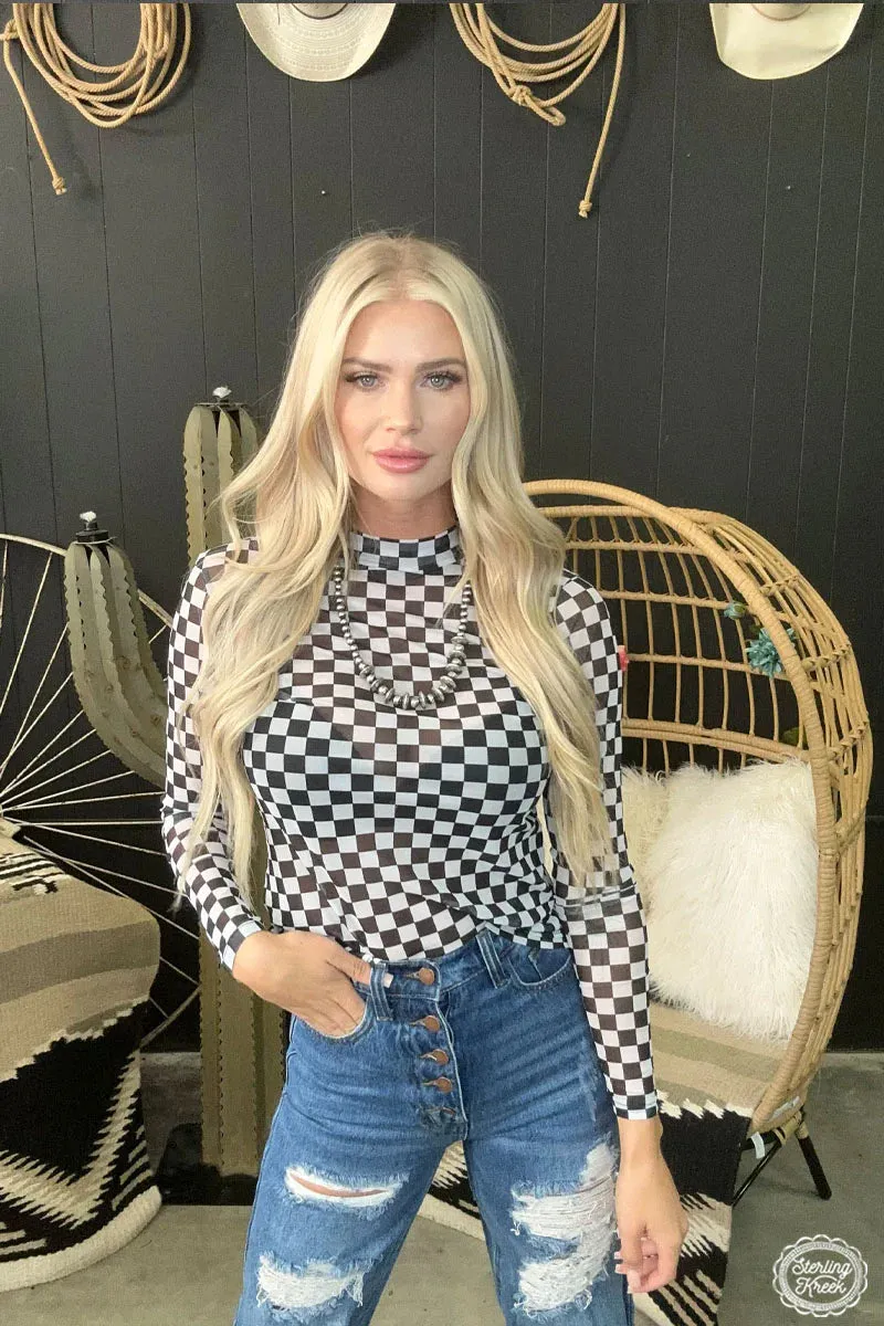 Round the Track Checkered Print Mesh Mock Neck Top
