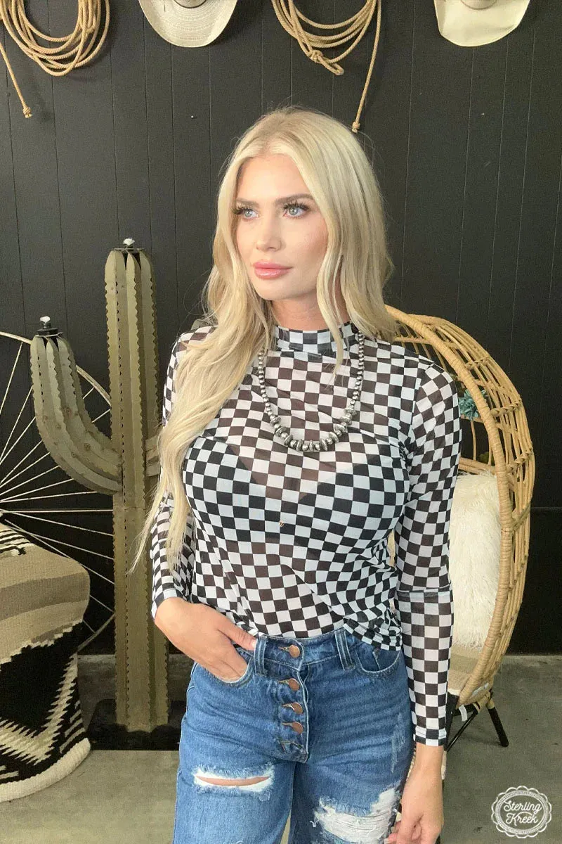 Round the Track Checkered Print Mesh Mock Neck Top