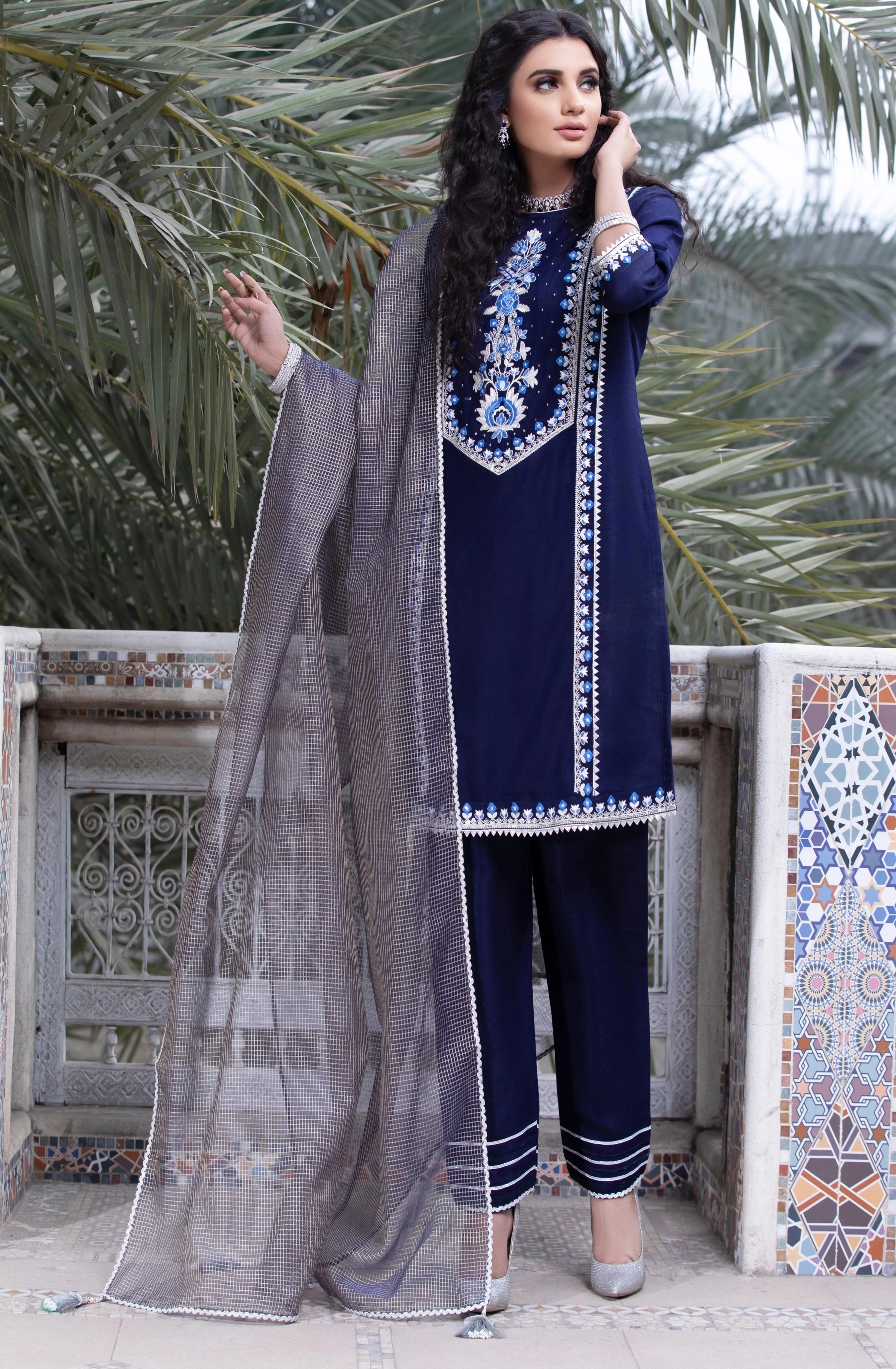 Royal Blue Floral Embroidered Festive Suit (Mehru)