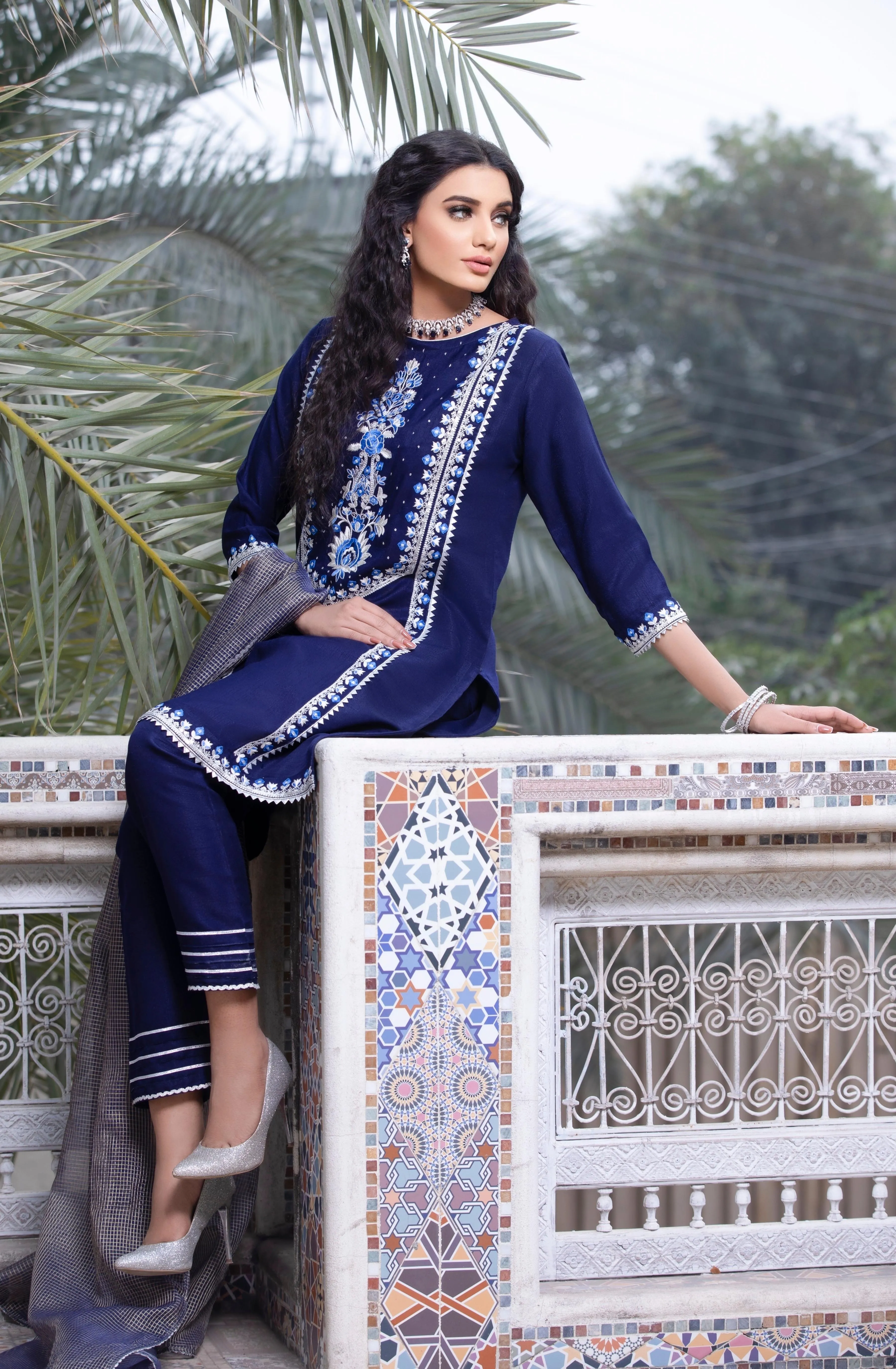Royal Blue Floral Embroidered Festive Suit (Mehru)