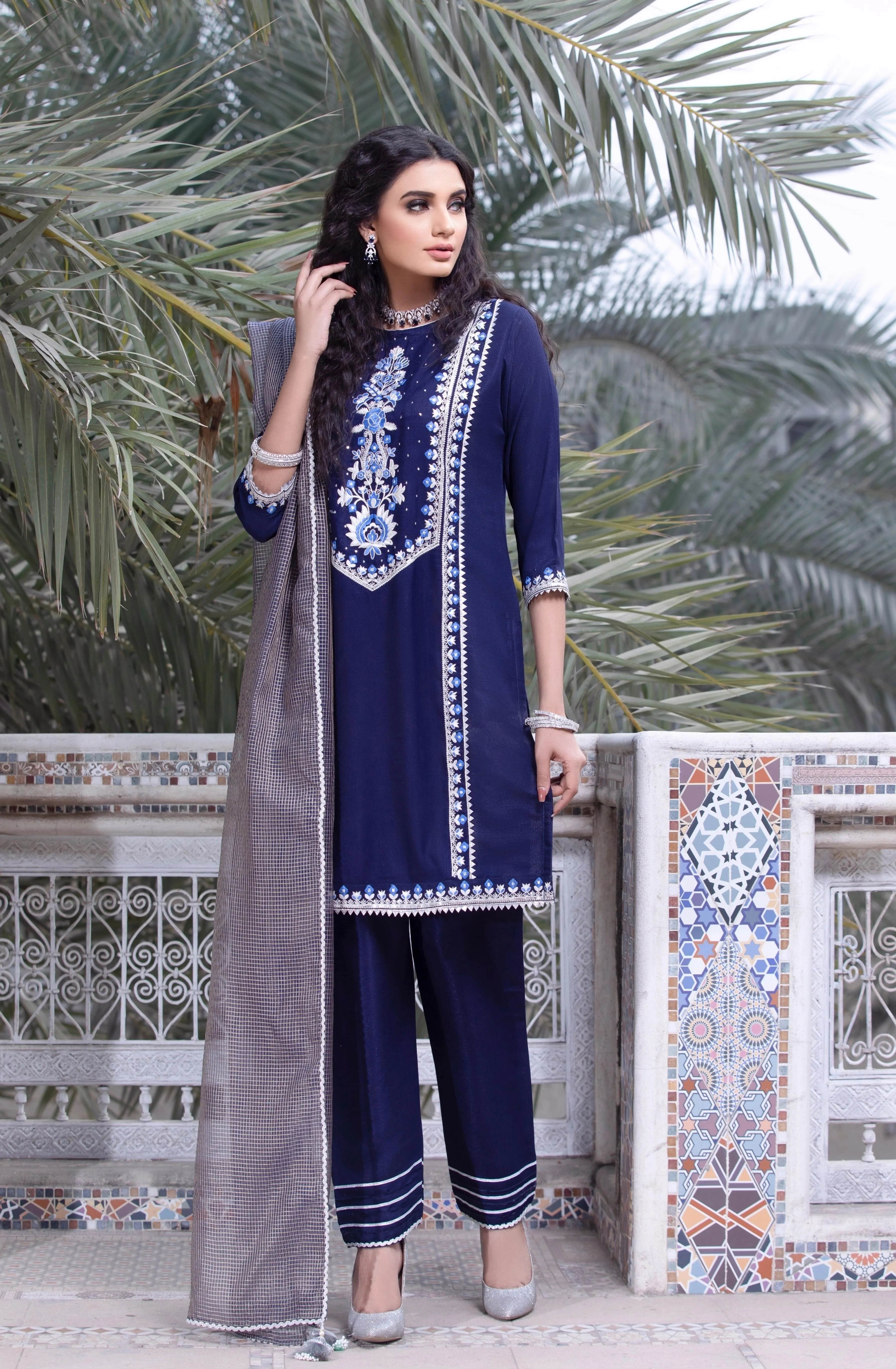 Royal Blue Floral Embroidered Festive Suit (Mehru)