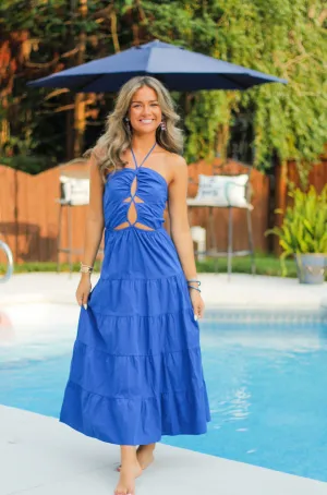 Royal Blue Midi Halter Dress Ties Around Neck