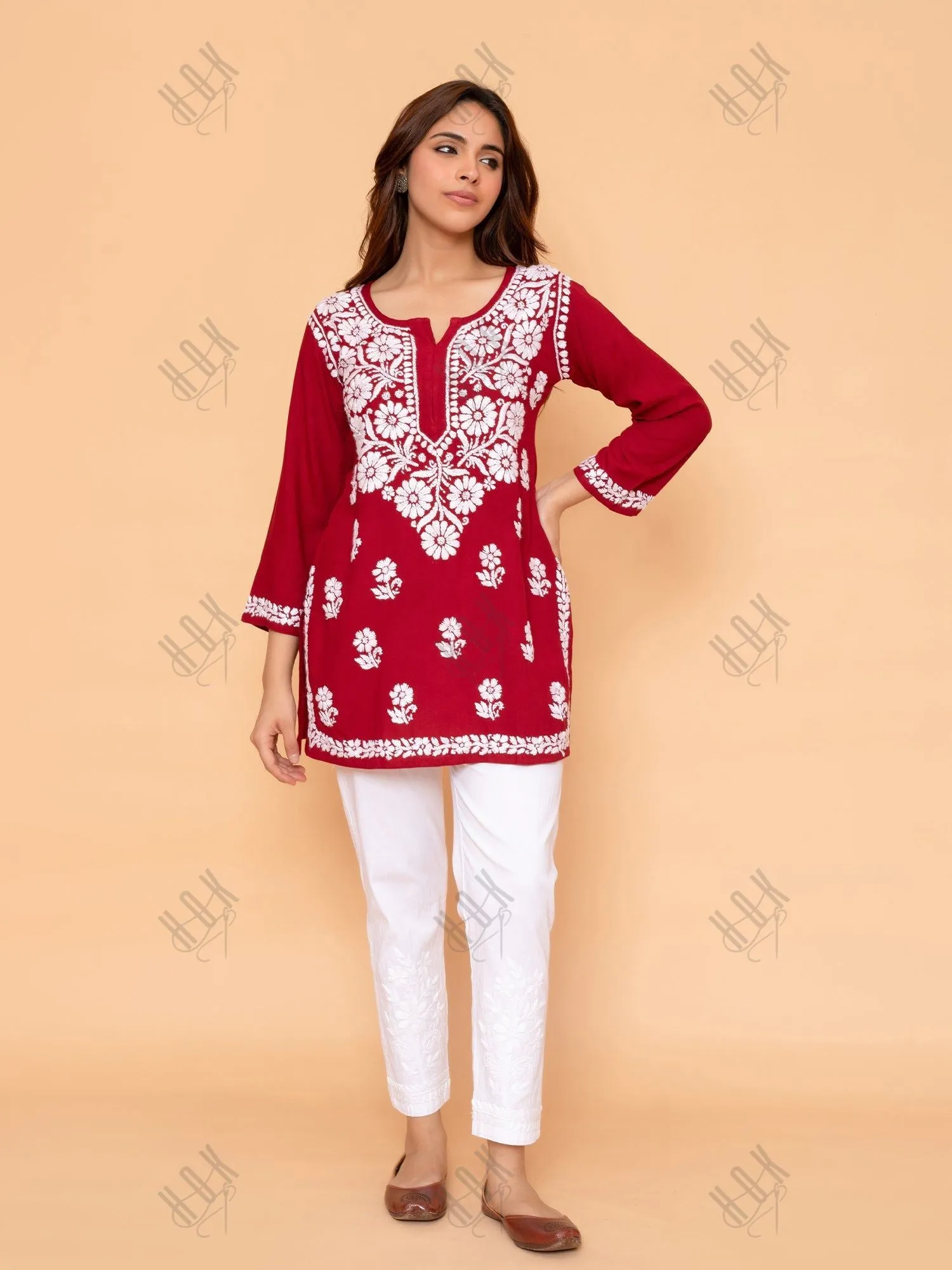 Saba Chikankari Short Kurta in Rayon cotton - Maroon