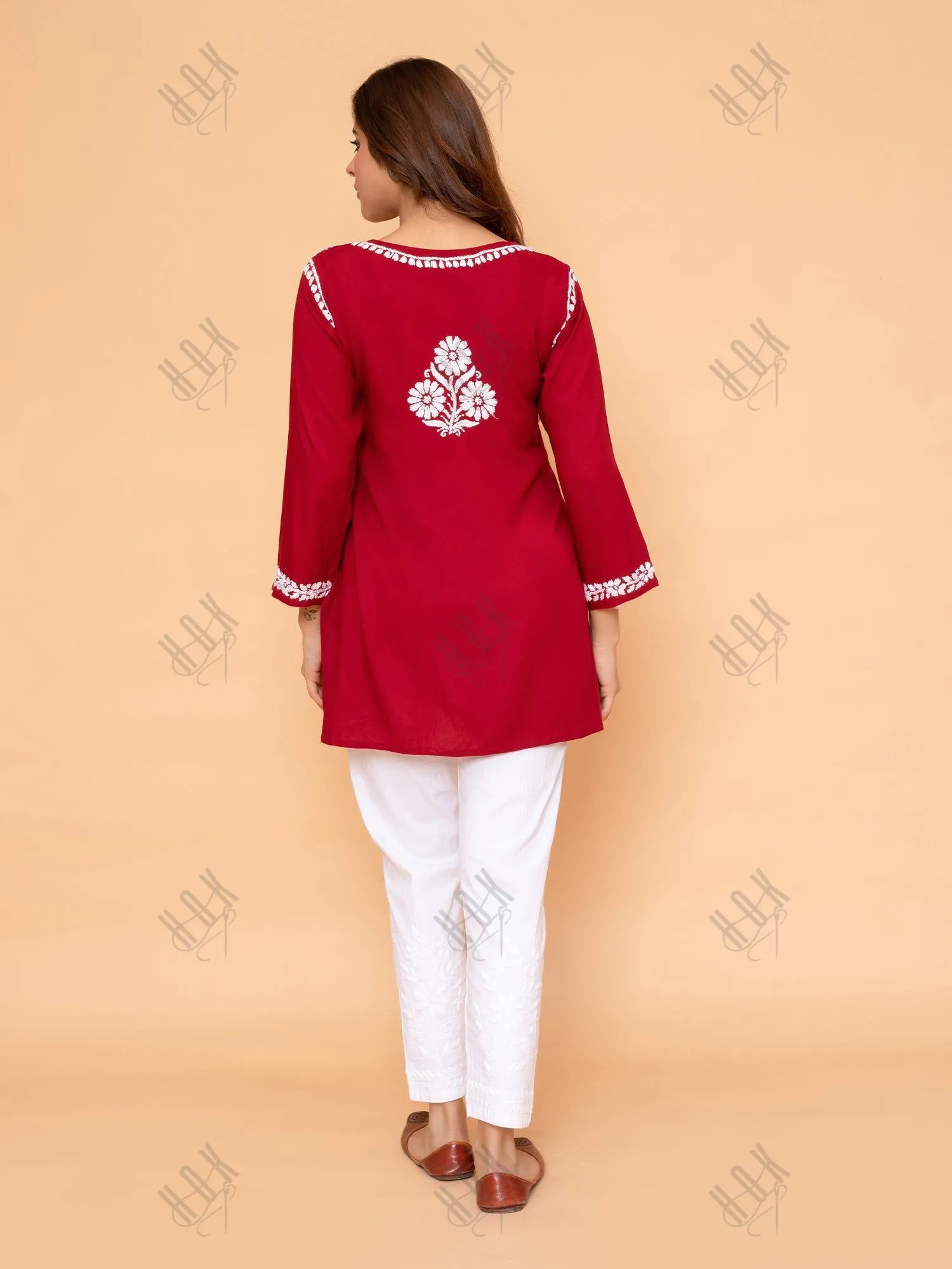 Saba Chikankari Short Kurta in Rayon cotton - Maroon