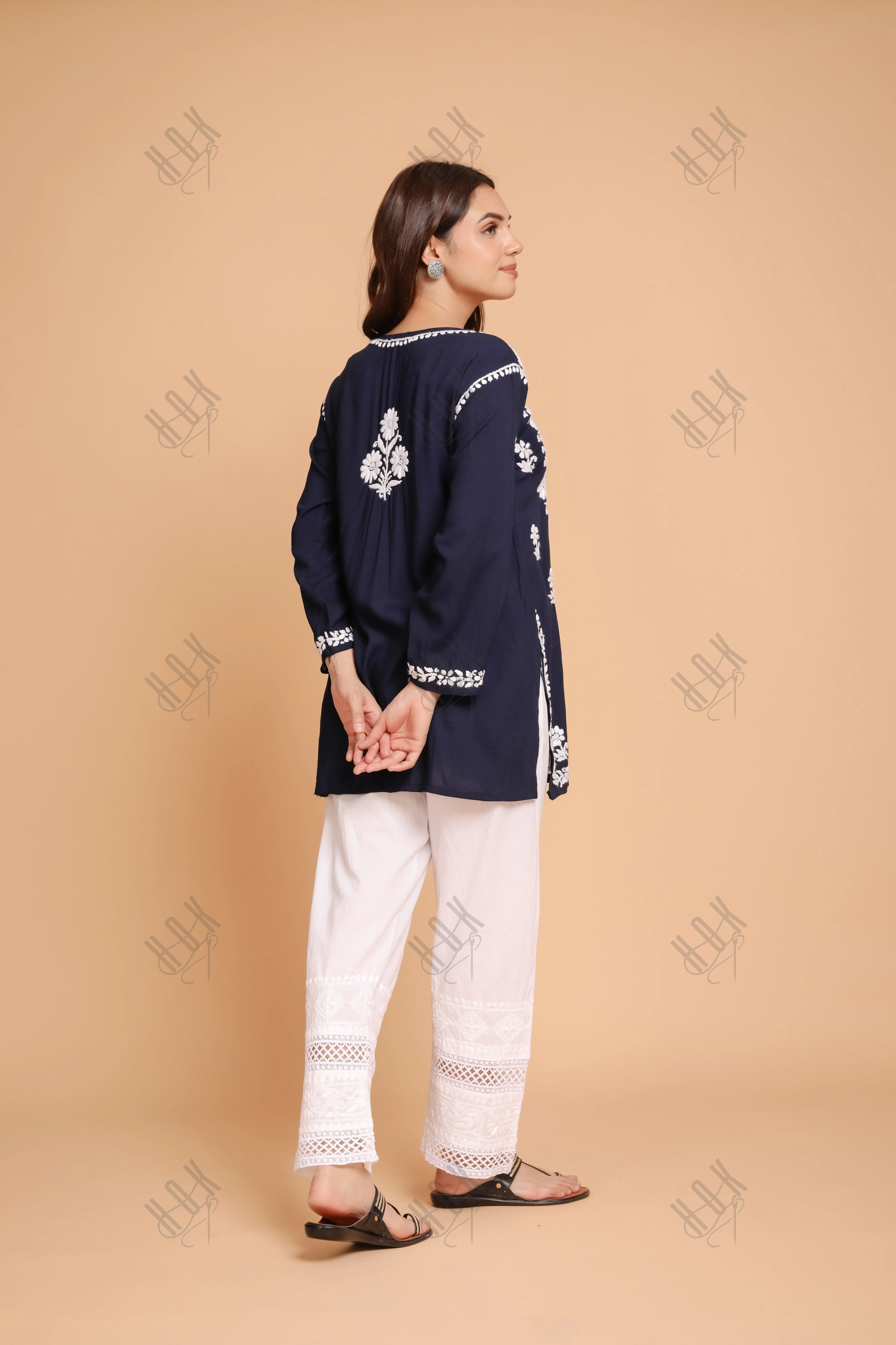 Saba Chikankari Short Kurta in Rayon cotton - Navy Blue