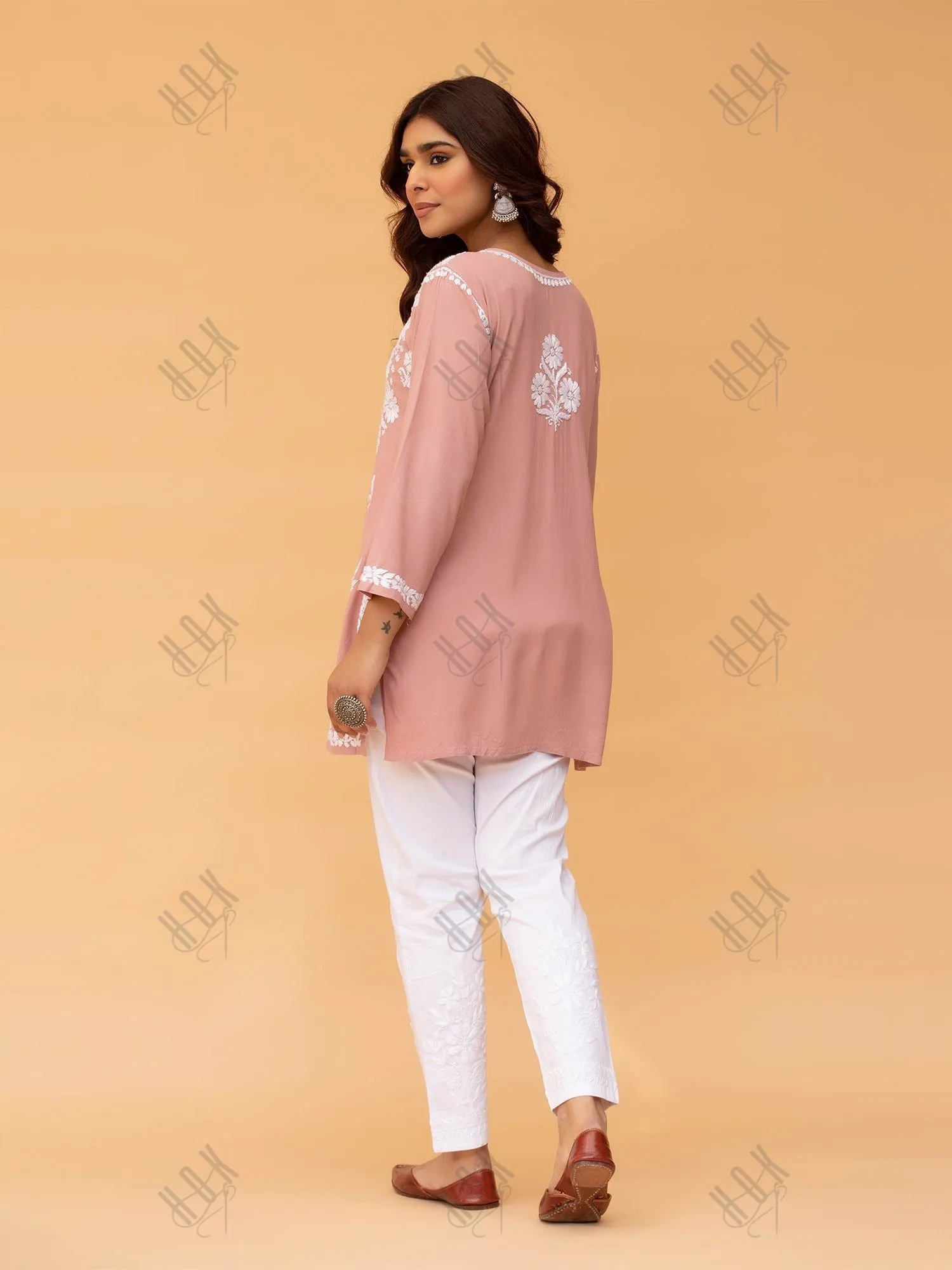 Saba Chikankari Short Kurta in Rayon cotton - Peach