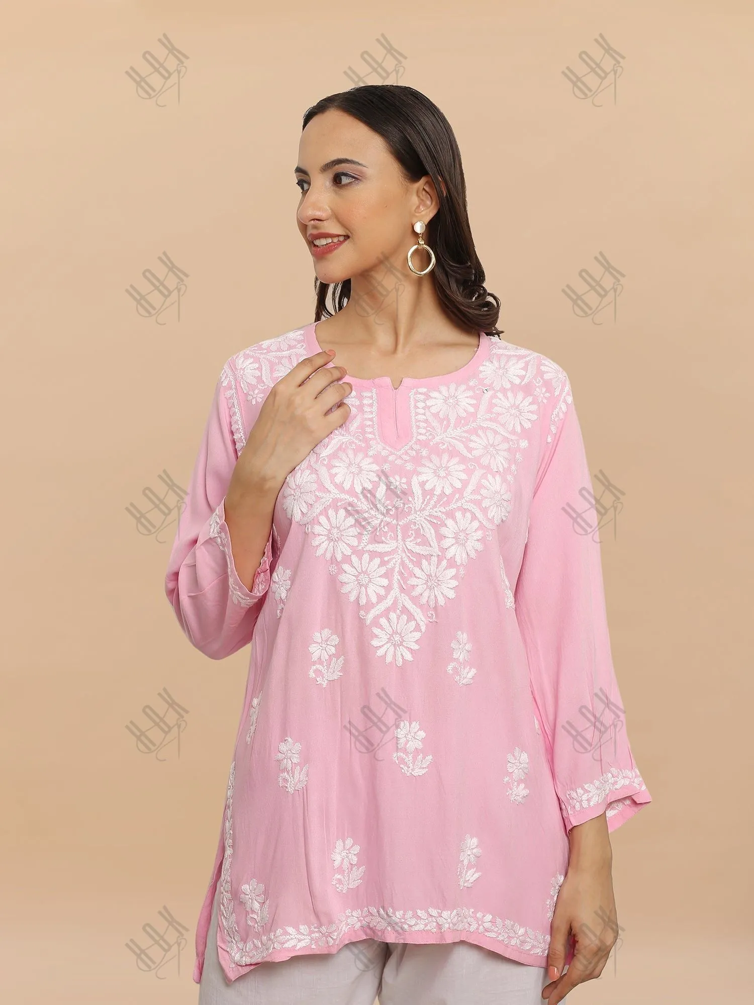 Saba Chikankari Short Kurta in Rayon cotton - Pink