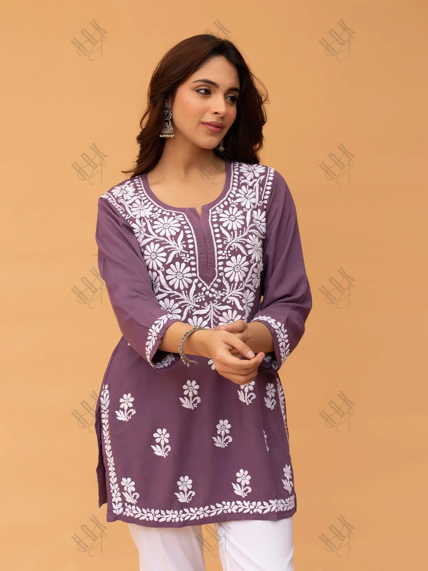 Saba Chikankari Short Kurta in Rayon cotton - Purple
