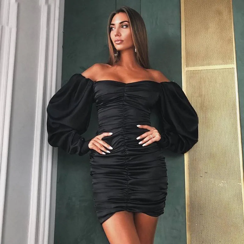 Satin Long Puff Sleeve Slash Neck Solid Color Women Mini Dress