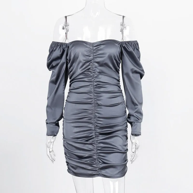 Satin Long Puff Sleeve Slash Neck Solid Color Women Mini Dress