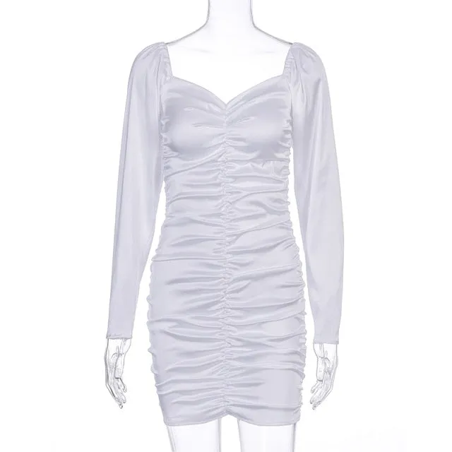 Satin Long Puff Sleeve Slash Neck Solid Color Women Mini Dress