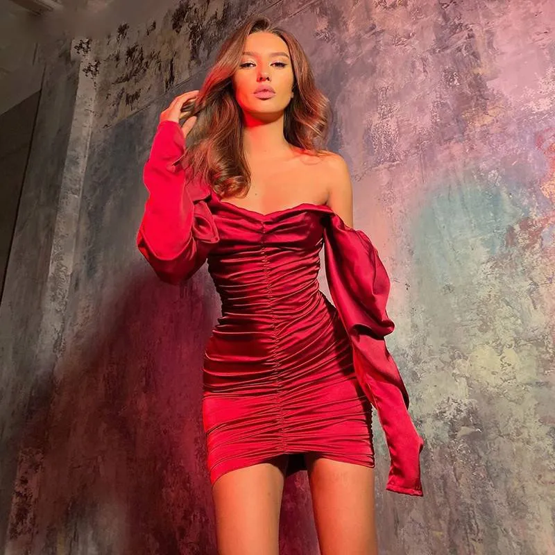 Satin Long Puff Sleeve Slash Neck Solid Color Women Mini Dress
