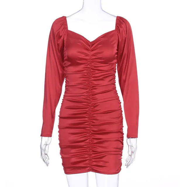 Satin Long Puff Sleeve Slash Neck Solid Color Women Mini Dress