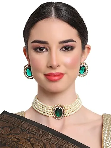 Shining Diva Fashion Latest Stylish Fancy Choker Traditional Pearl Necklace Jewellery Set for Women (12550s), Green, One