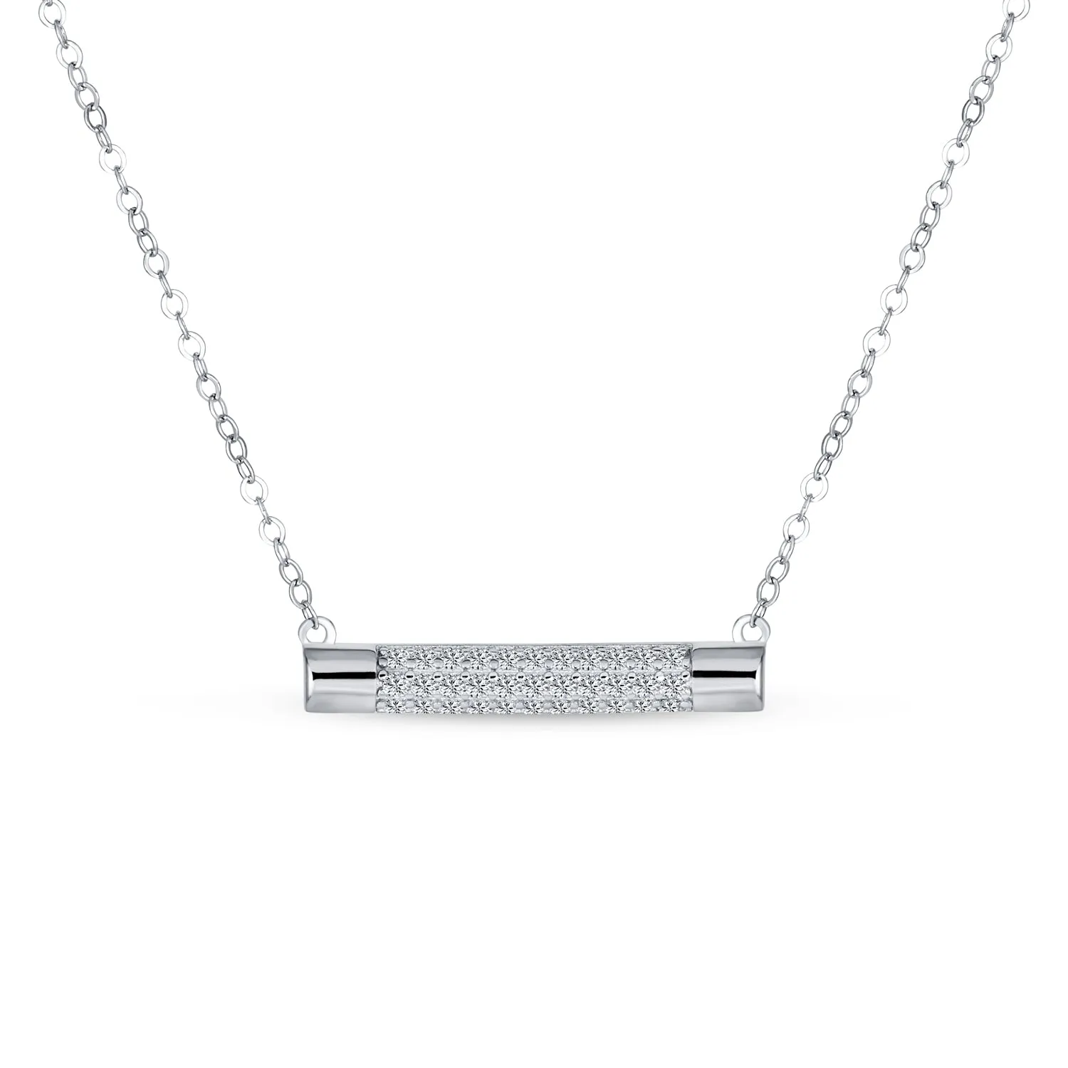 Simple Modern CZ Round Bar Sideways Pendant Necklace in Sterling Silver
