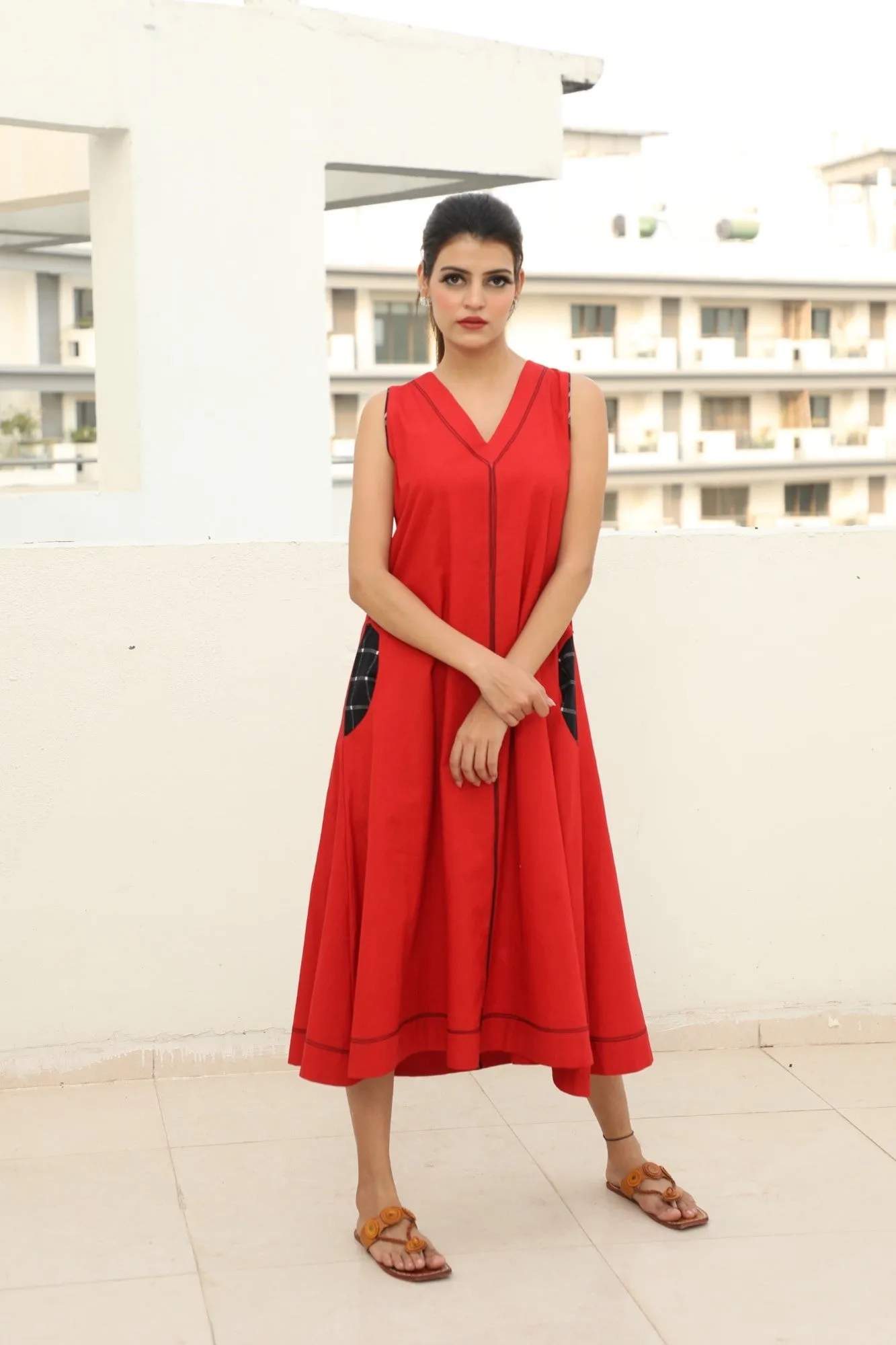 Sleeveless A-line Dress-Red