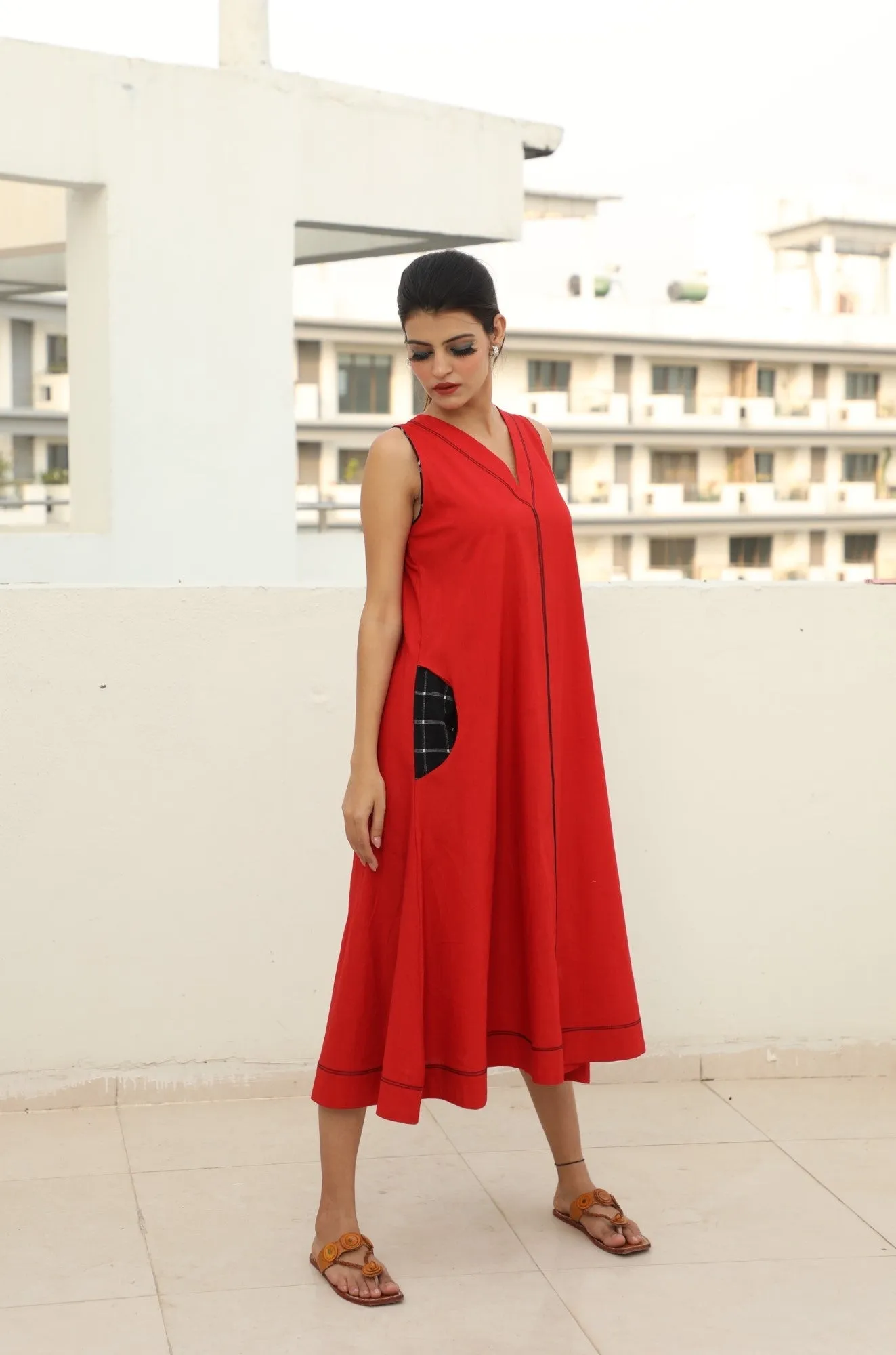 Sleeveless A-line Dress-Red