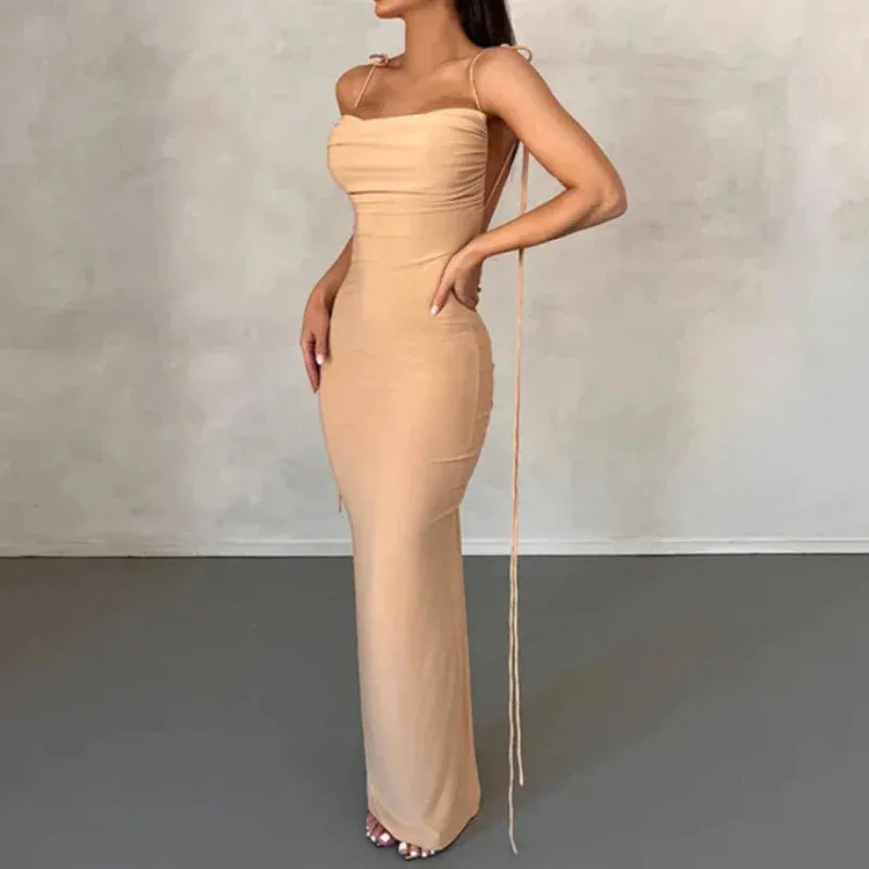 Slip Sheath Solid Ruched Maxi Dress