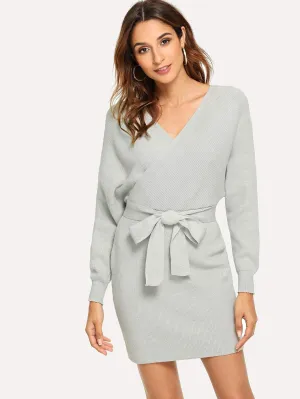 Solid Wrap Front Belted Jumper Dress