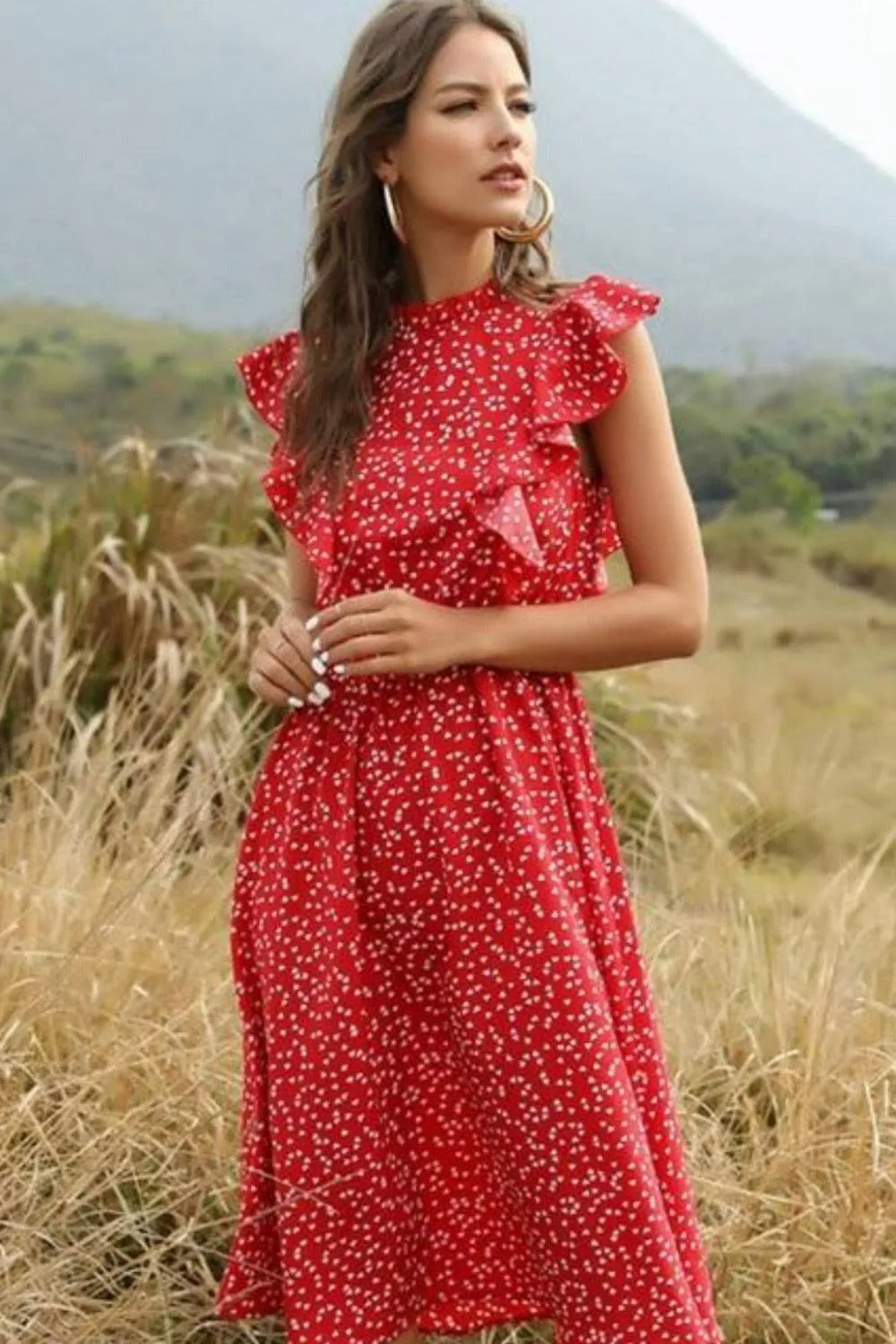 Spring Love Floral Print Ruffle Blue Midi Dress
