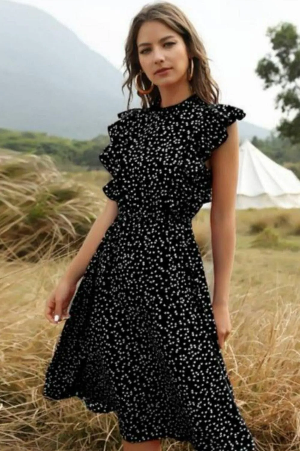 Spring Love Floral Print Ruffle Blue Midi Dress