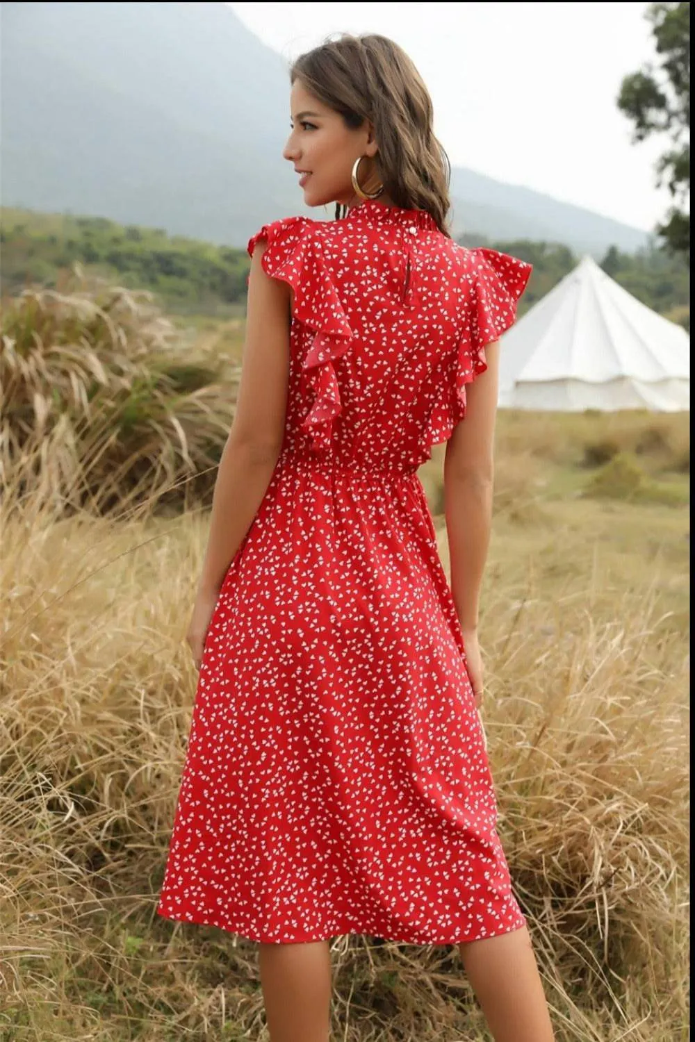 Spring Love Floral Print Ruffle Blue Midi Dress